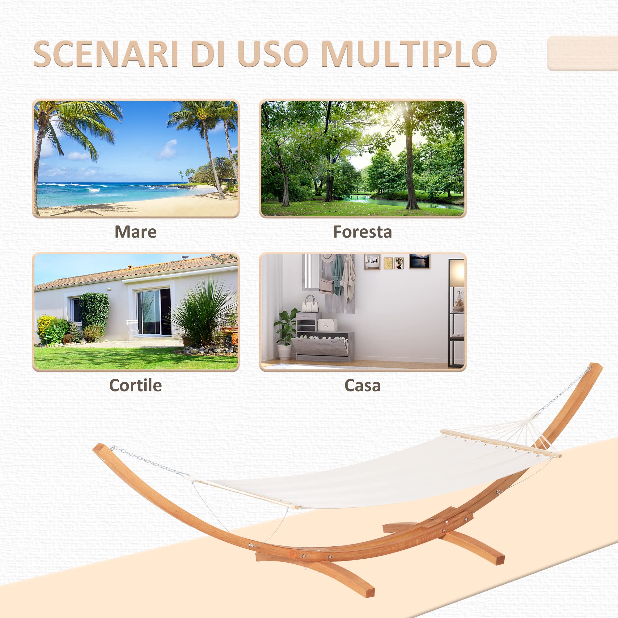 Outsunny Amaca con Supporto in Legno e Cotone, Amaca da Giardino per altri Spazi Esterni, 392x120x102cm, Bianca