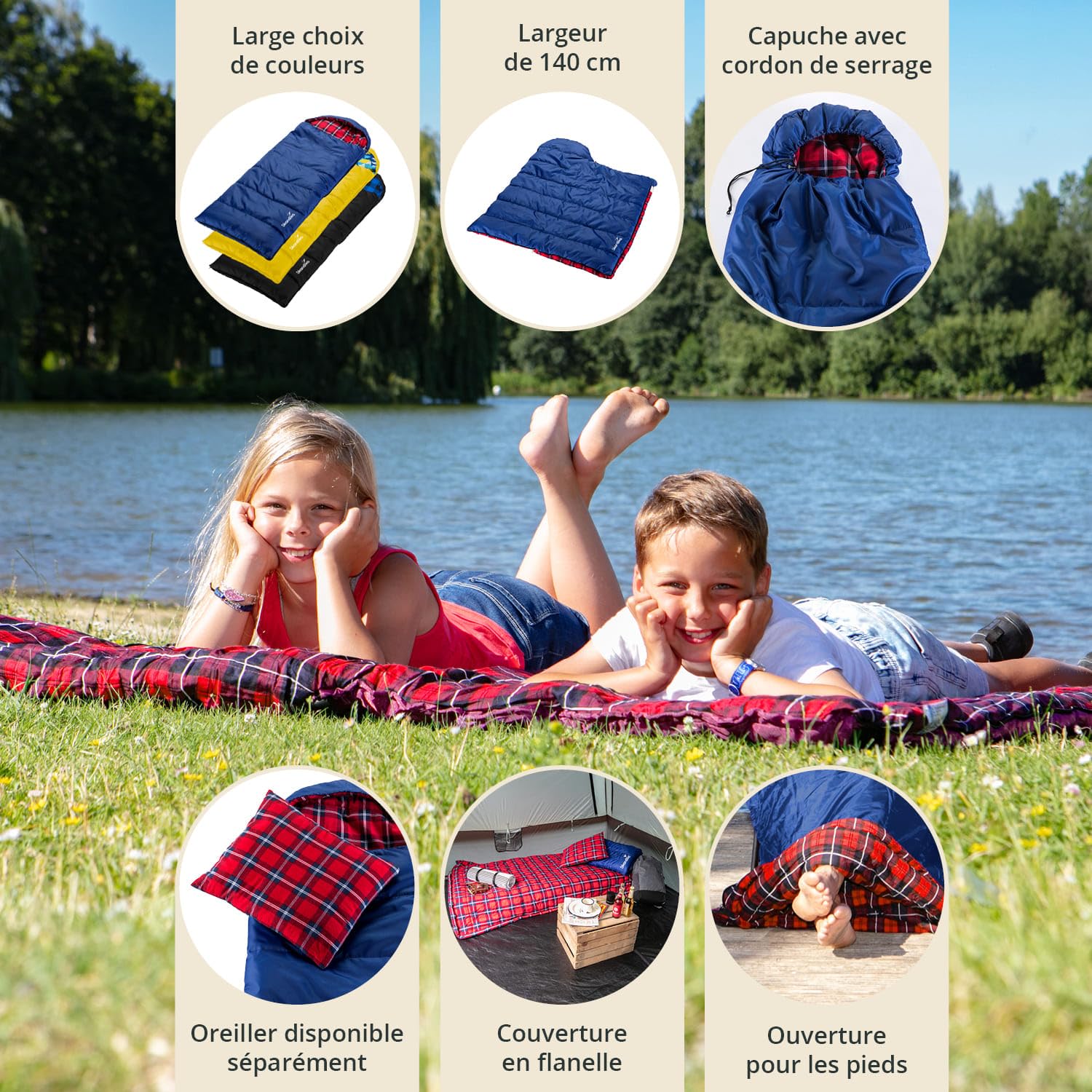 Skandika Dundee Junior Sac de Couchage Enfants | Sac de Couchage de Camping Enfants, Doublure intérieure Flanelle de Coton, Doux et Moelleux, Hydrofuge, 3 Saisons, 175 x 70 cm