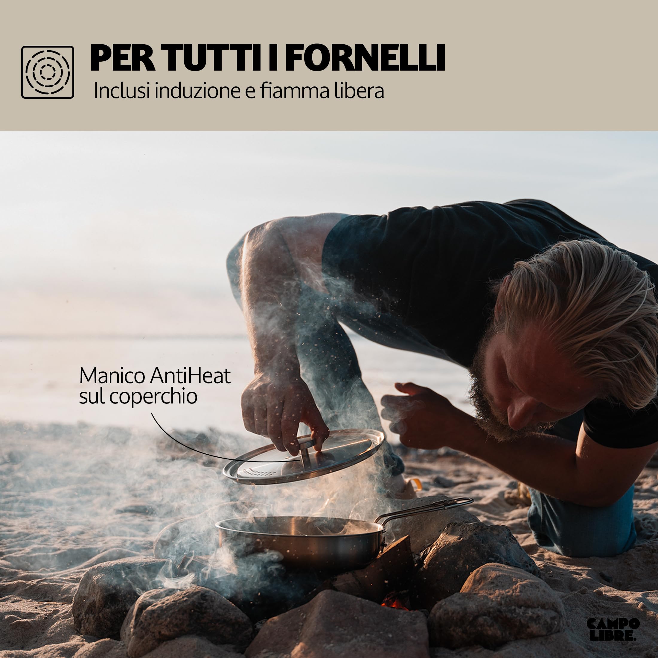 Campo Libre.® ENZO Set Pentole da Campeggio – Pentole e Padella in Acciaio Inox Resistente con Tecnologia ProCore, Compatibile con Fornello Elettrico, Induzione, Gas, Compatto e Impilabile.