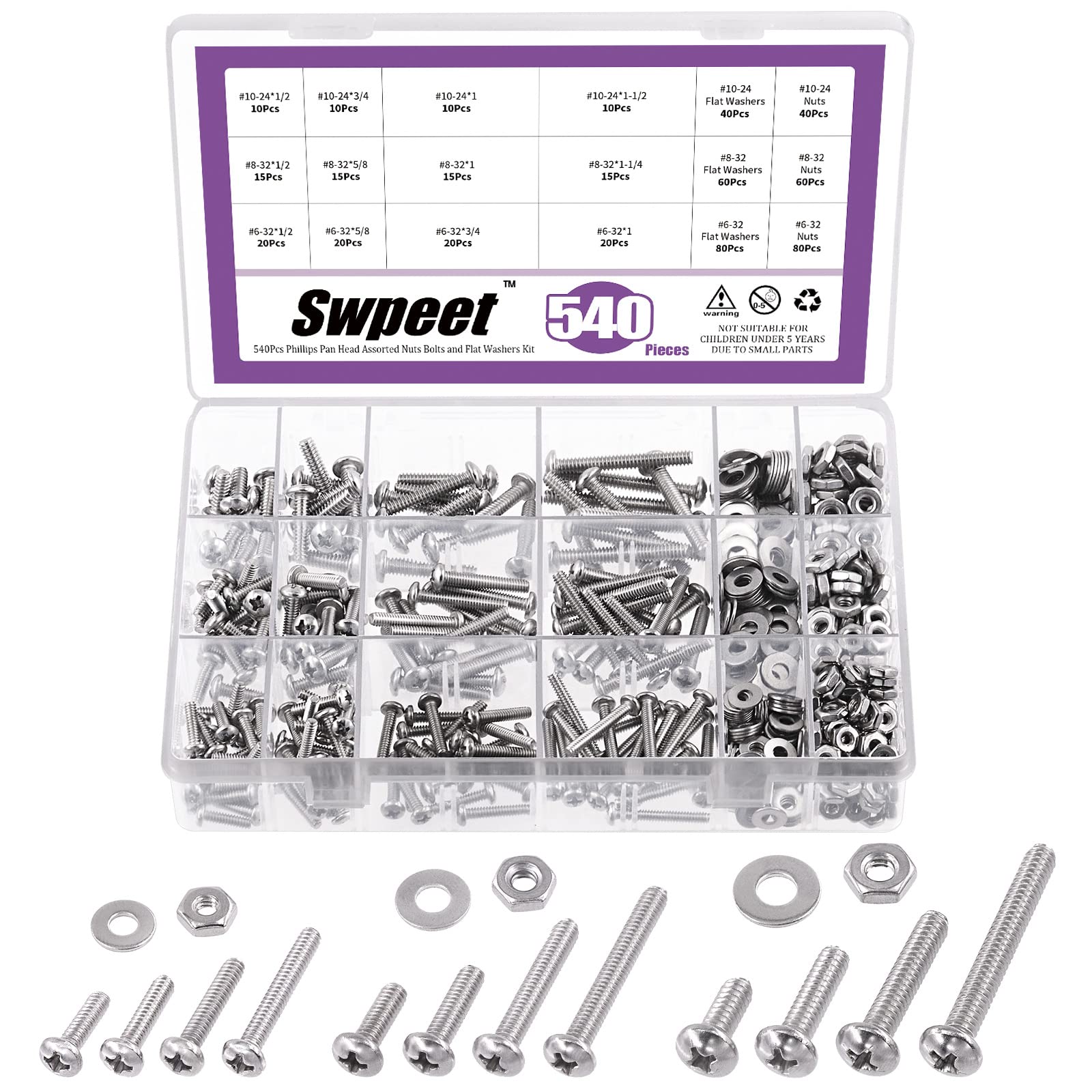 Swpeet 540Pcs #6-32#8-32#10-24 304 SAE Stainless Steel Phillips Pan Head Machine Screws and Nuts Bolts with Flat Washers Assortment Kit, Stainless Steel Screws Hardware Assortment for Home Use