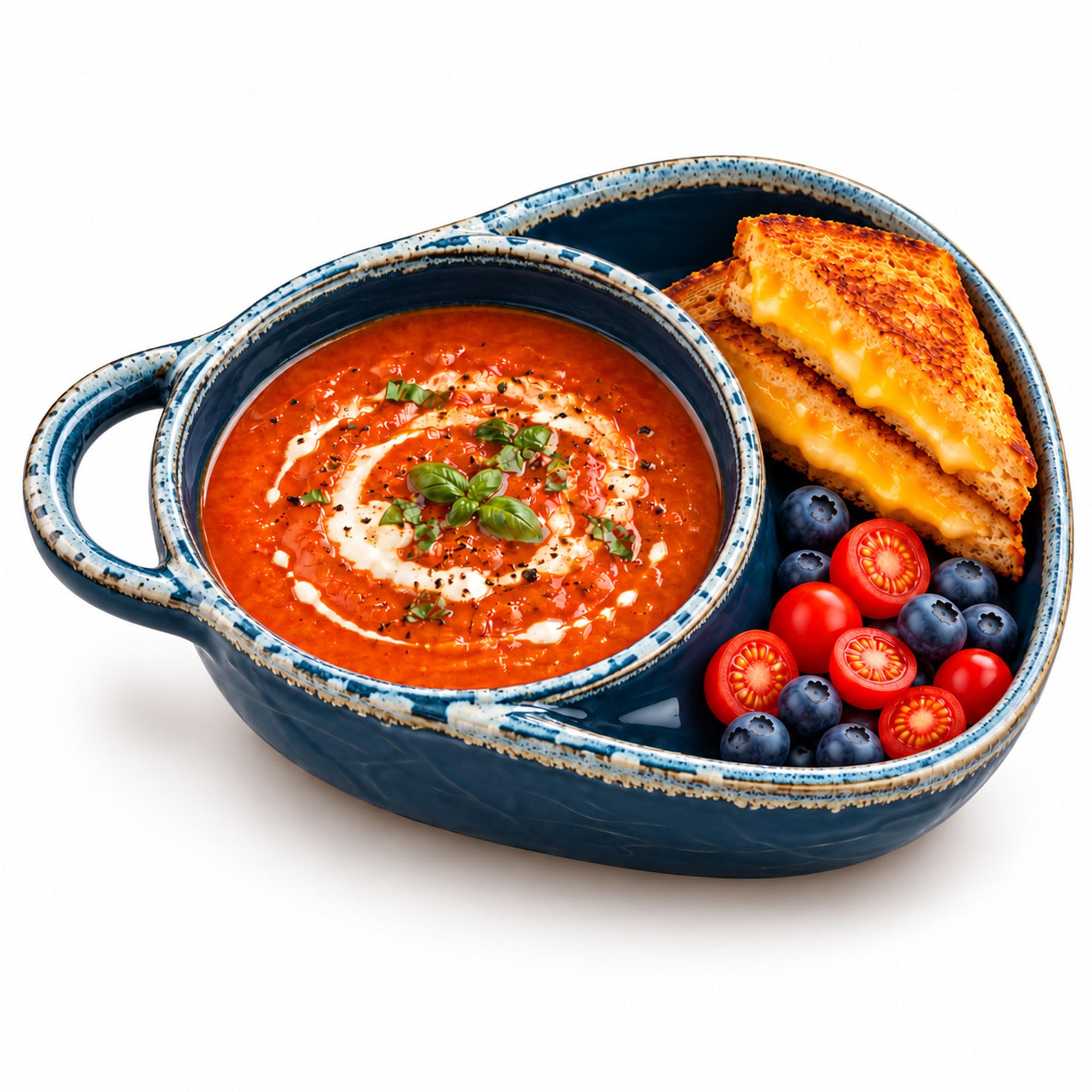 Nimedala Soup and Sandwich Bowl, Ceramic Divided Soup and Sandwich Plate Combo with Side Compartment and Bread Holder (Blue)