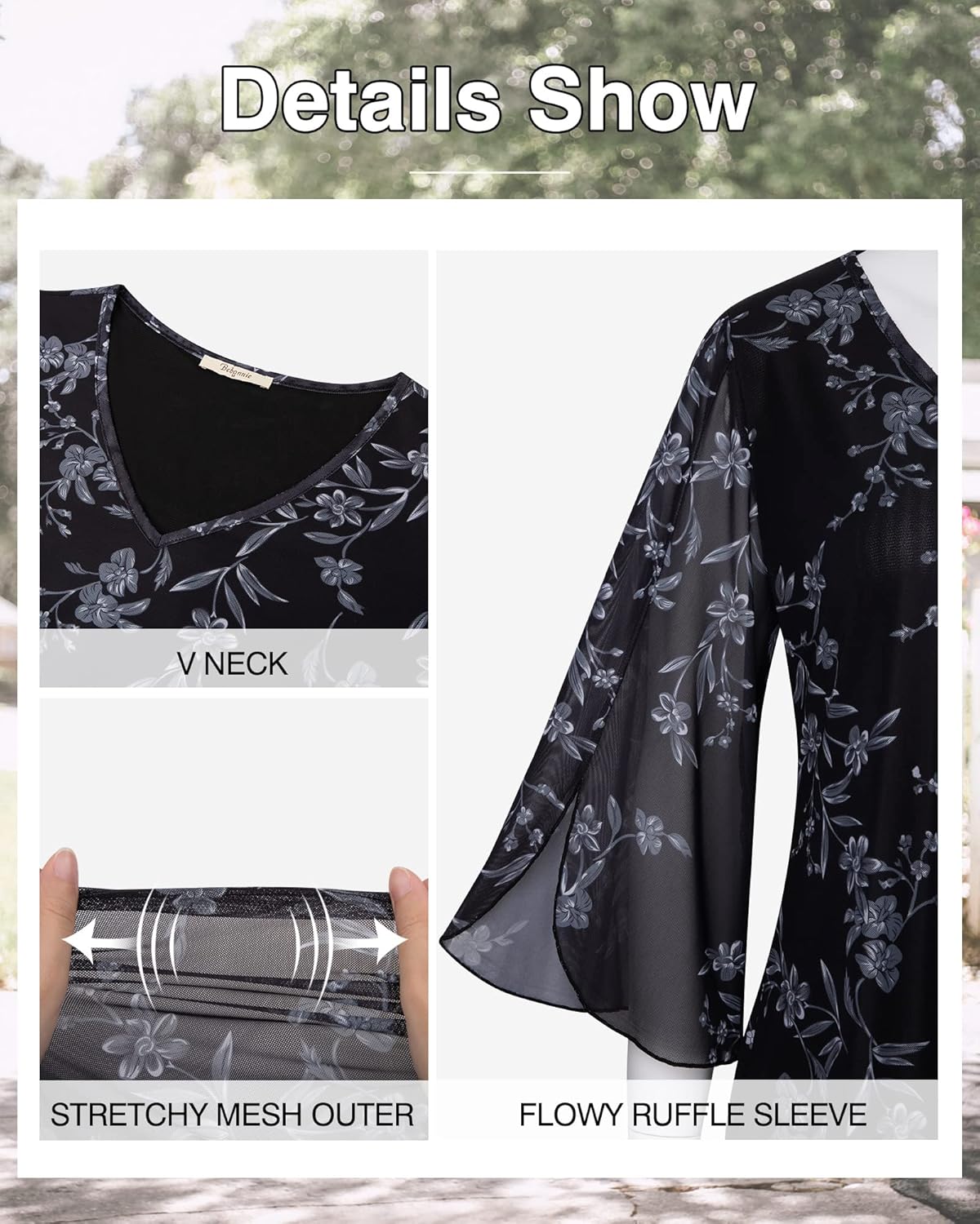 Bebonnie Womens Ruffle 3/4 Sleeve V Neck Double Layers Mesh Blouses Loose Fit Flowy Tunic Tops - Image 5