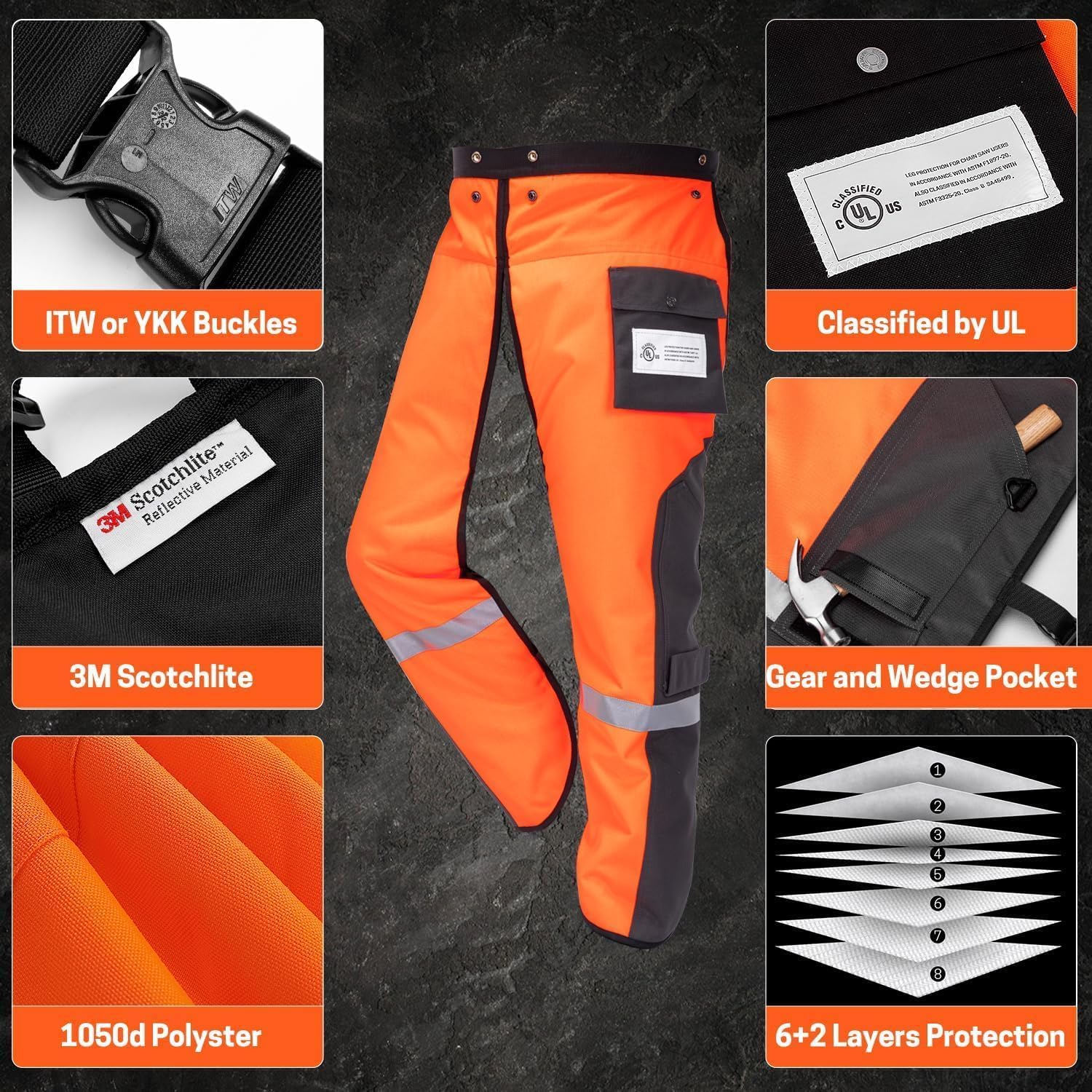 Chaps - Pantalones técnicos de motosierra de 8 capas clase B para usuarios de motosierras
