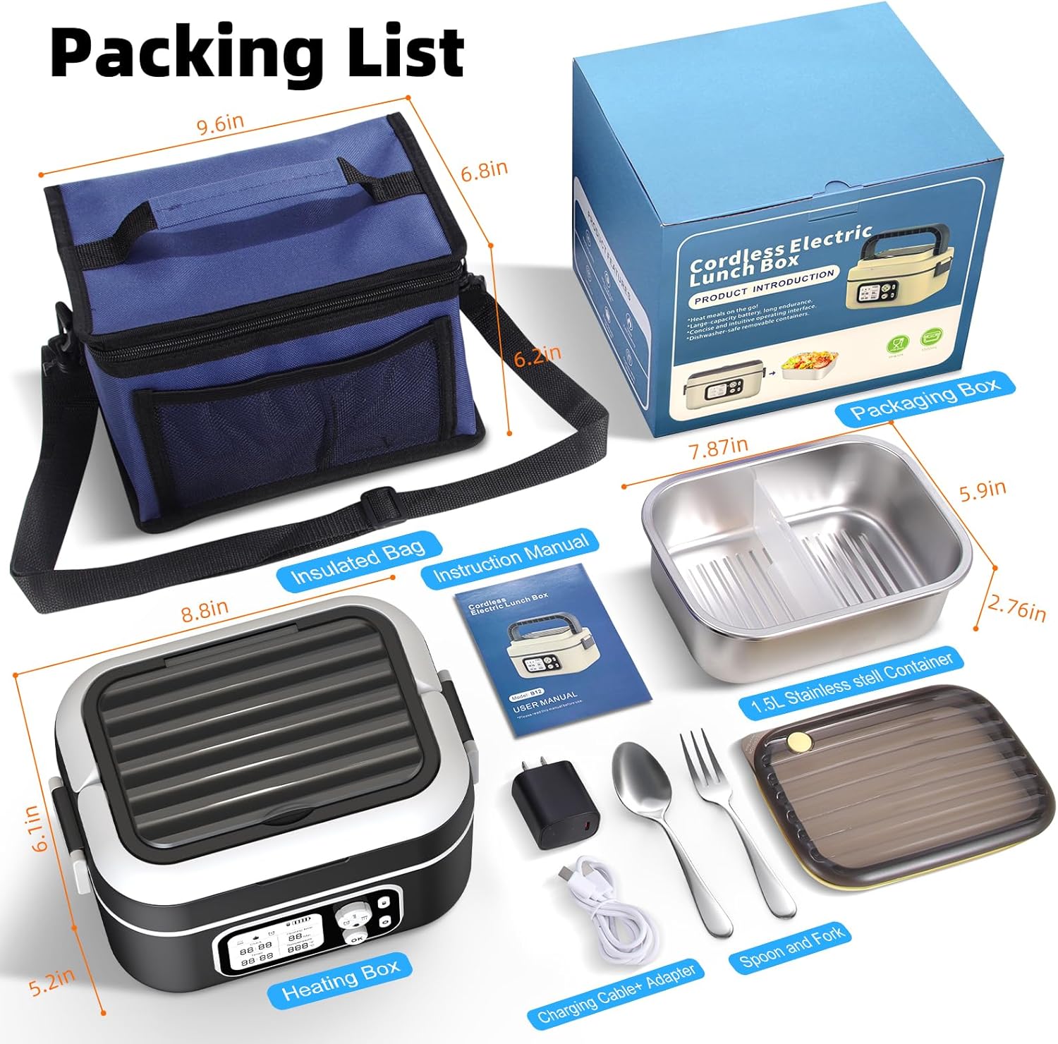 Electric Heated Lunch Box for Men, 6.3 Cup 100W Cordless Lunch Box Food Warmer with 24000mAh Battery for Self Heating, Including Cutlery, Insulated Bag and Divider for Women Adults(Black+White) - Image 7