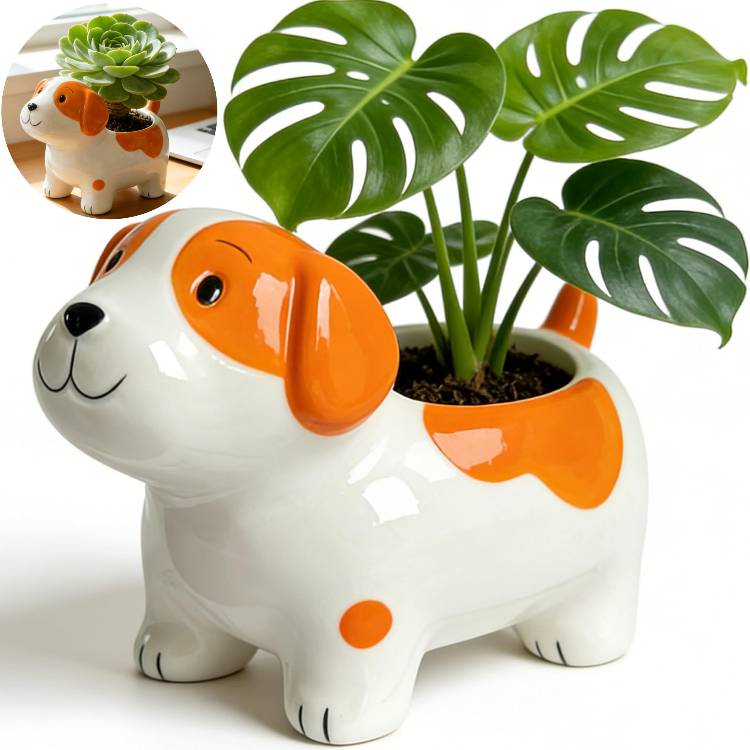 KEEPPACE Ceramic Dog Planter with Drainage Hole, Cute Puppy Flower Pot for Succulents, Herbs, Small Plants, Home Desk Decor, Garden Gift for Dog Lovers (White, 5”L x 3”W x 3.4”H)