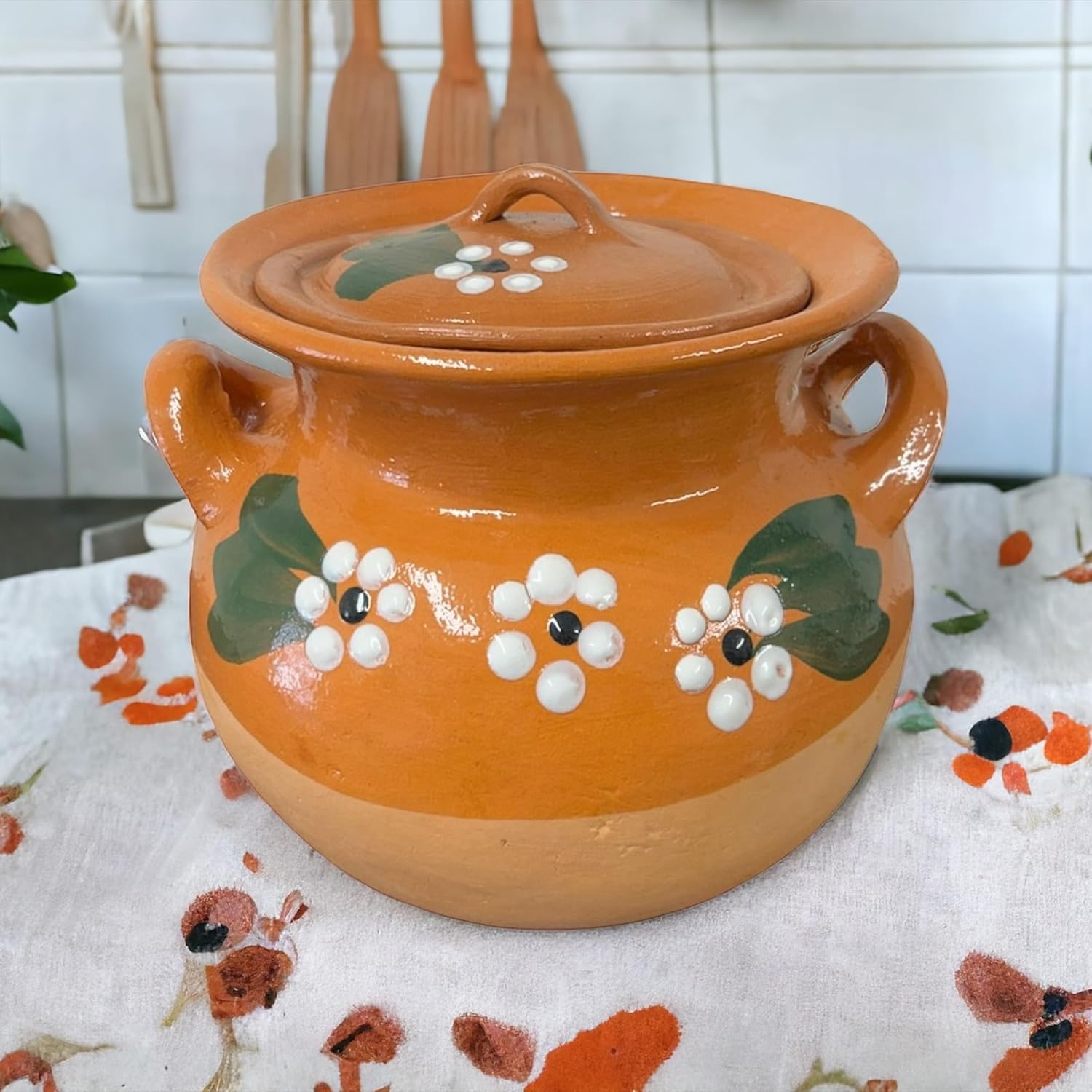 Generic Mexican Clay Bean Pot, Olla de Barro Frijolera W/Lid, Cazuela Traditional, (1-1.25 Gallon) (Olla Frijolera) (Made In Mexico), Large