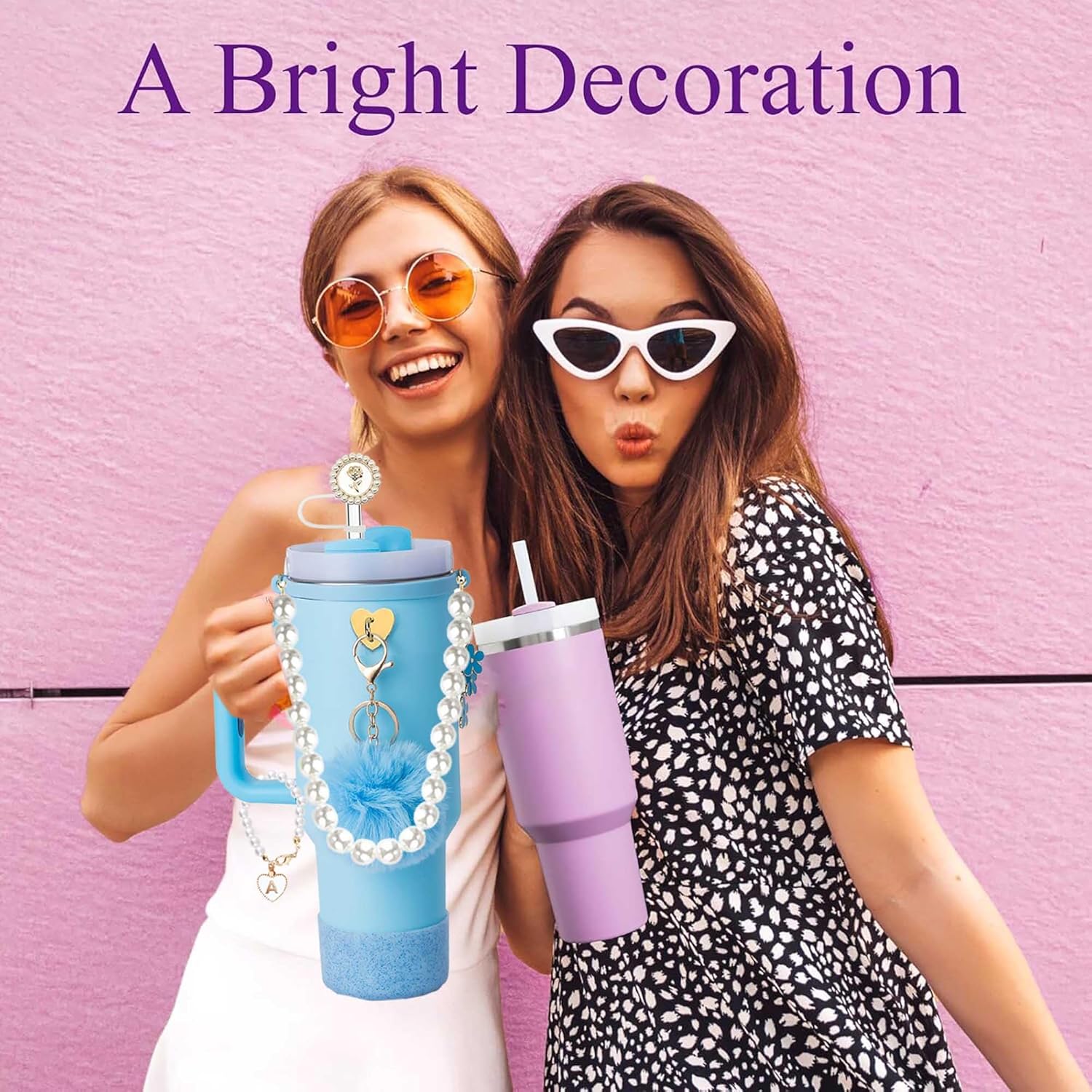 Stanley Cup Accessories Set, Shinning Cup Boot, White Pearl Water Bottle Handle Strap & Pearl Straw Cover, Keychain Charms Tumbler Decorations for Stanley Accessories 30oz 40oz (Blue) - Image 5