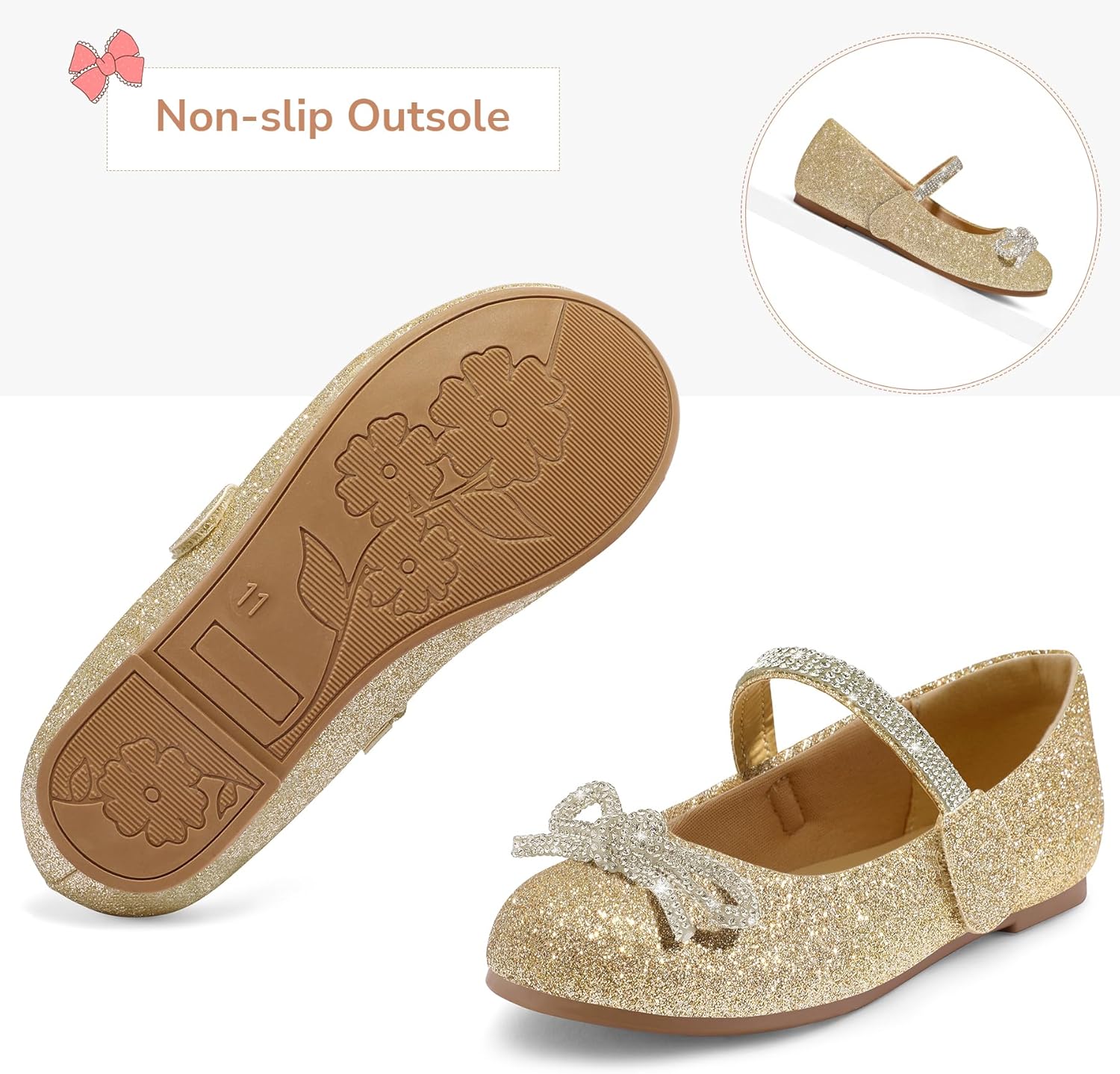 K KomForme Girl's Bow Mary Jane Dress Shoes Ballet Princess Flats with Rhinestone Strap for Party Wedding School, Toddler/Little Kid/Big Kid - Image 4