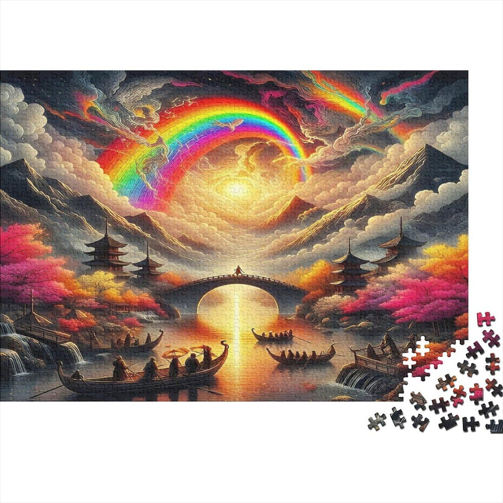 Rainbow Bridge Jigsaw Puzzle 1000 Piece Jigsaw Puzzle Paper for Adults Sunset Fantasy Scene Puzzle Game for Family Relaxation Focus 38x26cm/1000pcs — image 1