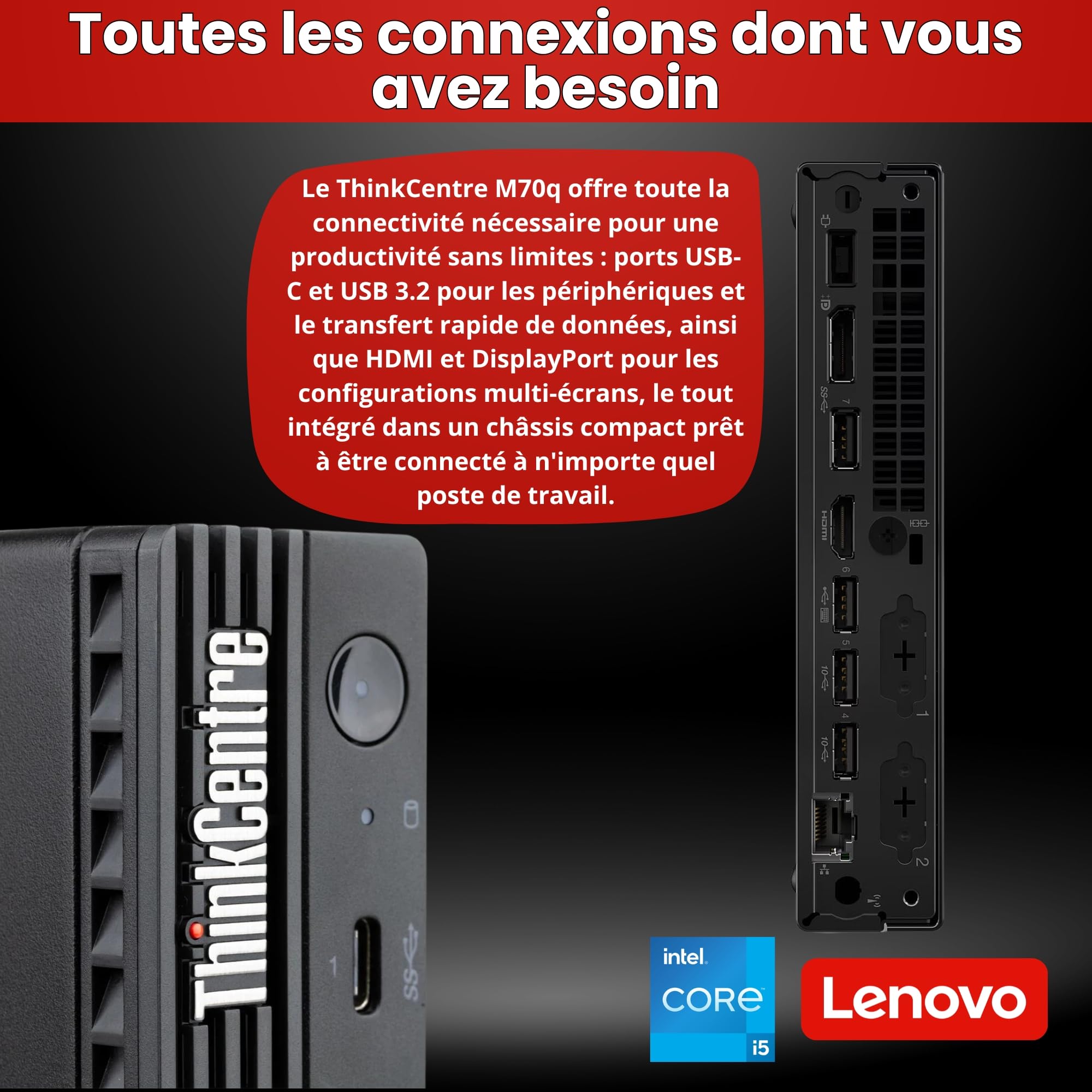 Lenovo ThinkCentre M70q Tiny Intel Core i5 10500T Disque Dur SSD 256 Go Mémoire 16 Go Windows 11 Pro Ordinateur de Bureau Mini PC (reconditionné)