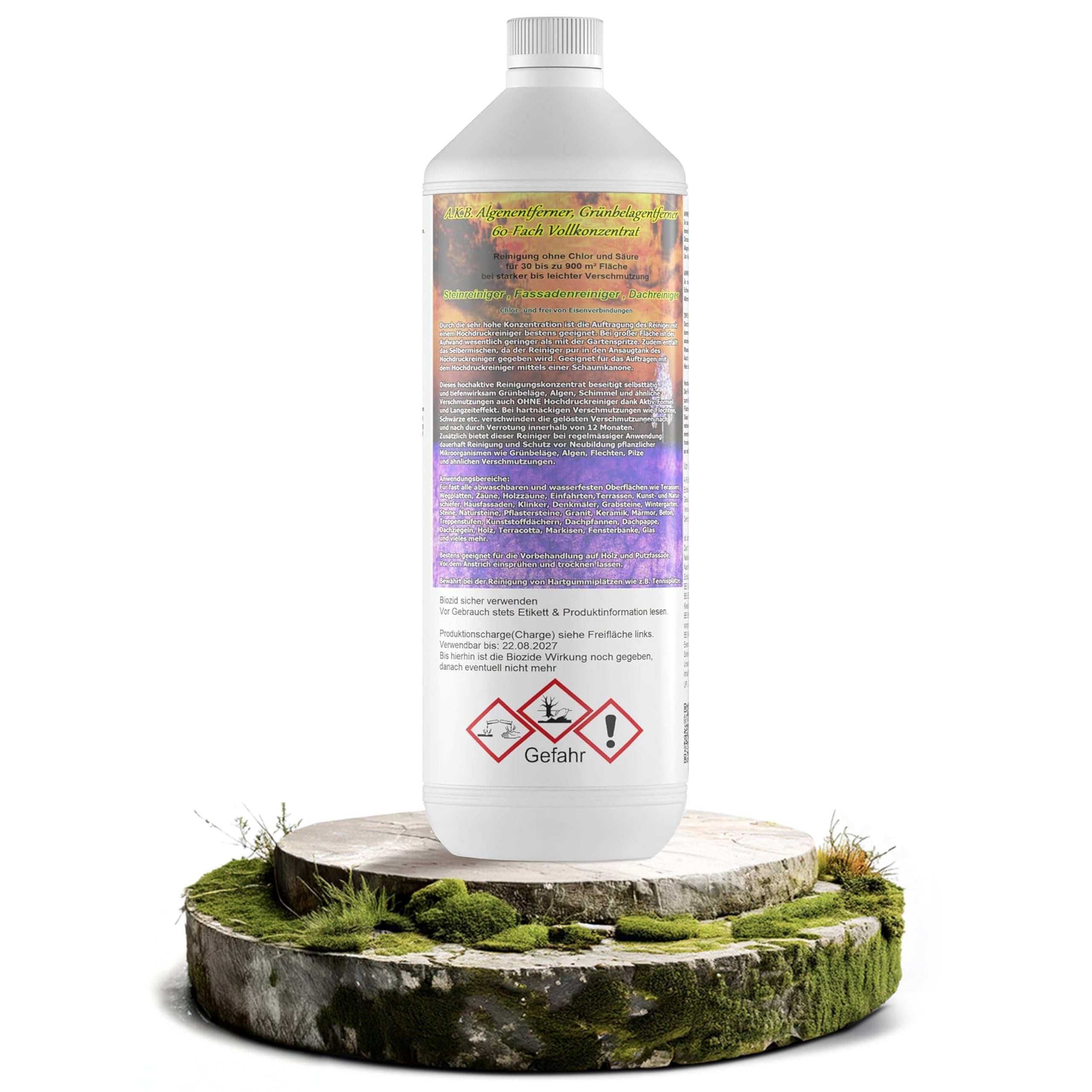 A.K.B. Algen & Grünbelagentferner Konzentrat 60-Fach - 1 Liter - Hochwirksam Grünbelag & Algen entfernen - Fassadenreiniger, Terrassenreiniger & Steinreiniger Aussen