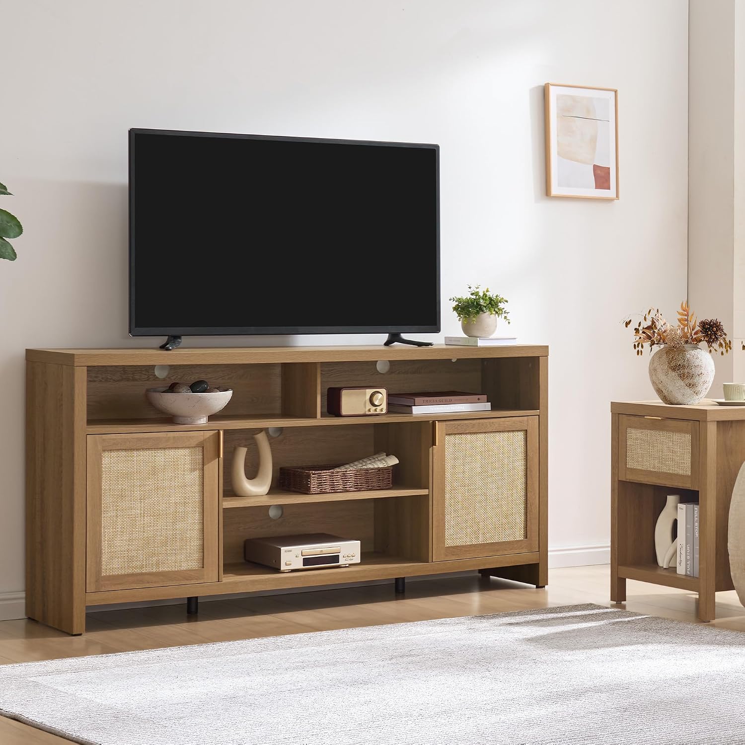 SICOTAS 63" Rattan TV Stand for 55" 65" TV - 31.5" Tall TV Stands for Living Room Boho Entertainment Center with Storage and Doors, Wood Media Console Table for Bedroom, Modern Large TV Cabinet, Oak