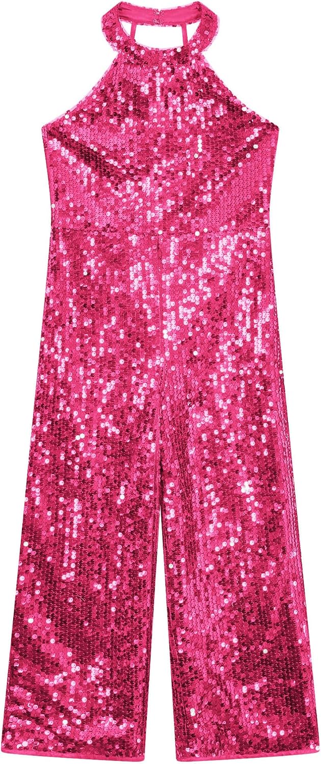 YiZYiF Girl's Sequin Jumpsuit Halter Princess Pageant Romper Prom Birthday Party Long Leg Pants