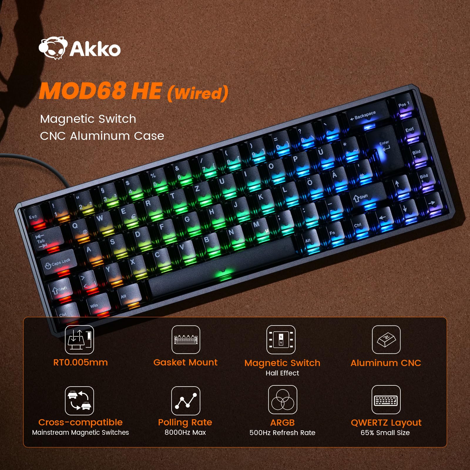 Akko MOD68 HE 8K Rapid-Trigger-Klawiatura, aluminium frezowane CNC, klawiatura przewodowa, układ 65% ISO-DE QWERTZ, RT0,005 mm (czarna przezroczysta, przełączniki magnetyczne AstroAim)