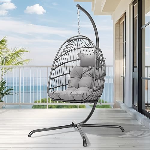 Miniatura 9 de Silla colgante de huevo, de mimbre y ratán, cojines resistentes a los rayos ultravioleta, capacidad de 350libras, para dormitorio, balcón, patio,