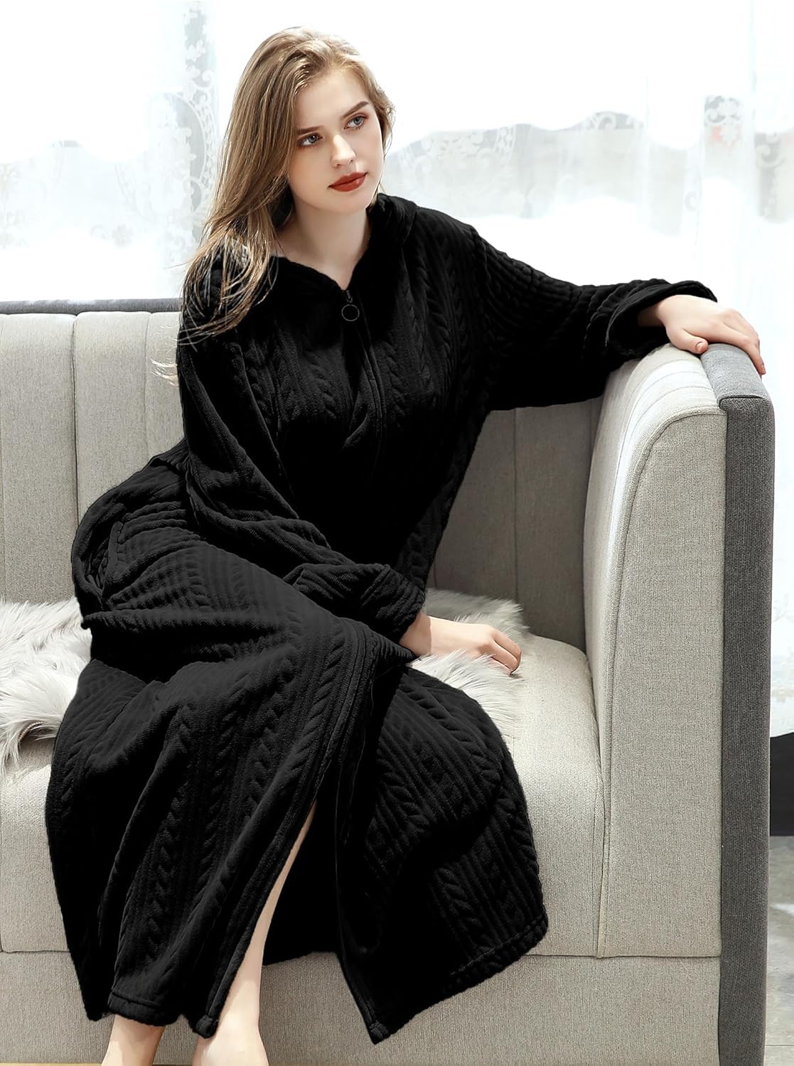 Artfasion Womens Robe Long Zipper Front Hooded Full Length Housecoat Sleepwear for Ladies - Image 4