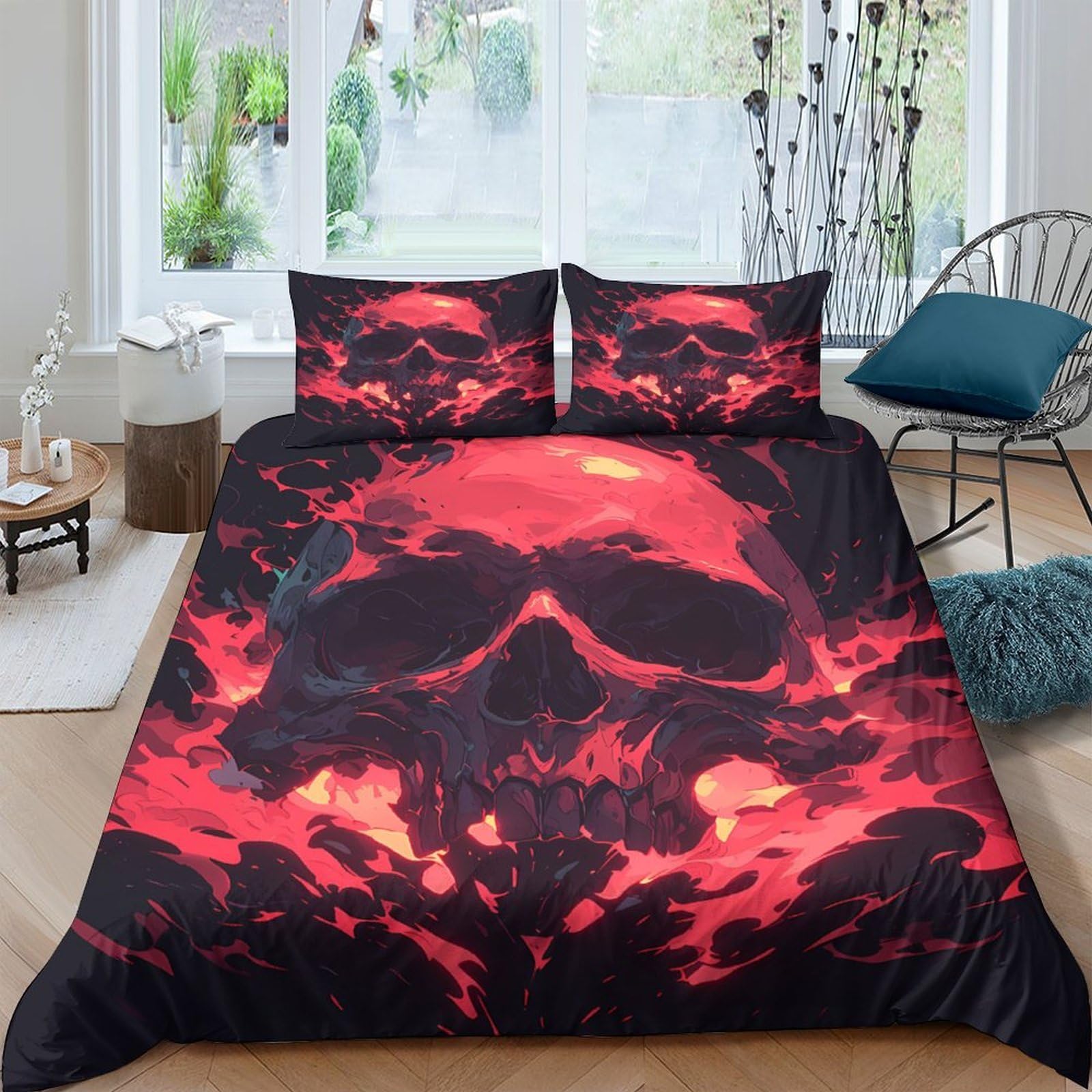 GPLZQXKJNH 3D Printed Red Skull Duvet Cover Microfiber Soft Bedding Set with 2 Pillowcases for Bedroom Decor, Flame Pattern Single（135x200cm）