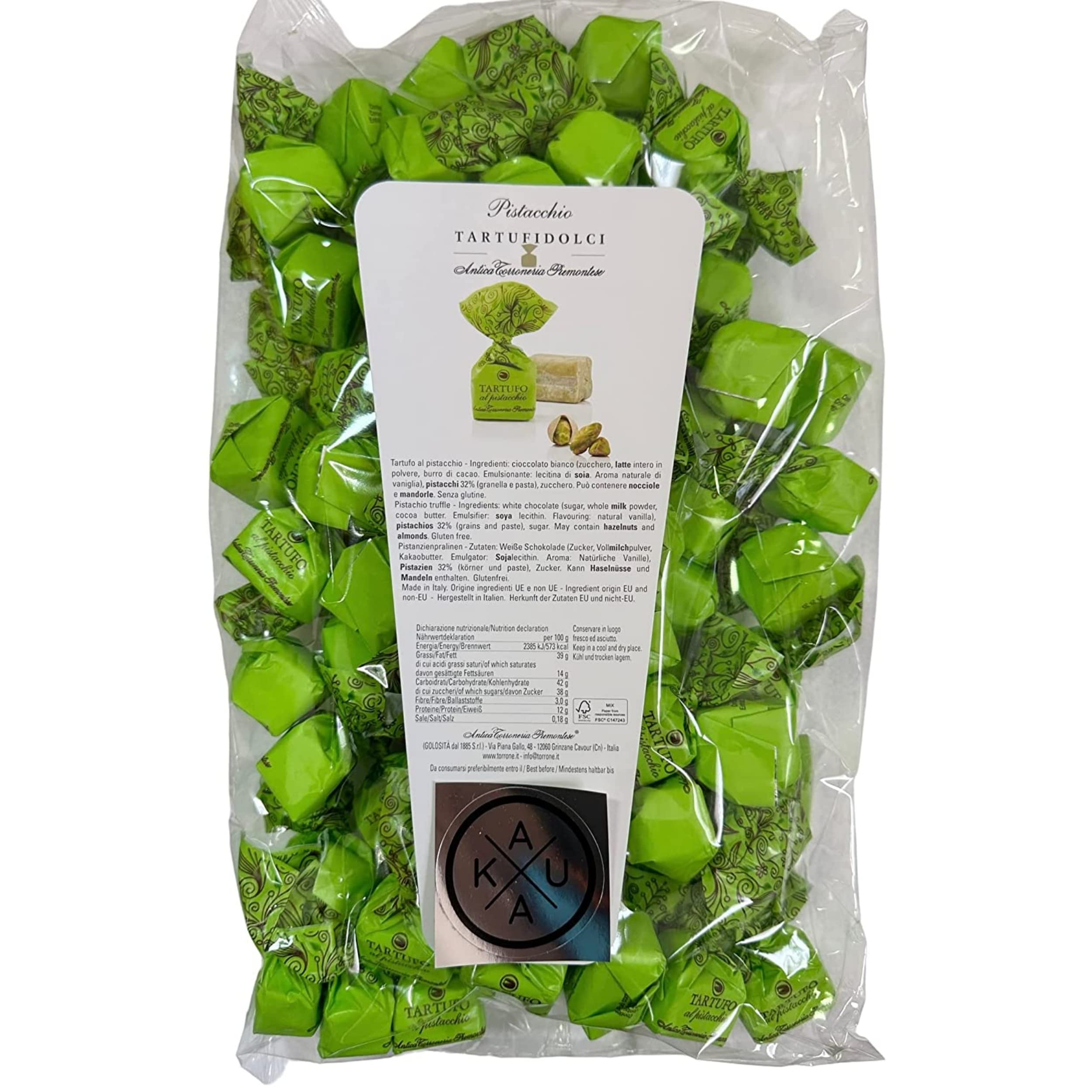 Antica Torroneria Piemontese Tartufi dolci - Italienische Trüffelpralinen 'Tartufi dolci al pistacchio' mit weißer Schokolade und Pistazien, 1 kg Beutel, KAUKAU Edition, 14g je Praline. Glutenfrei.