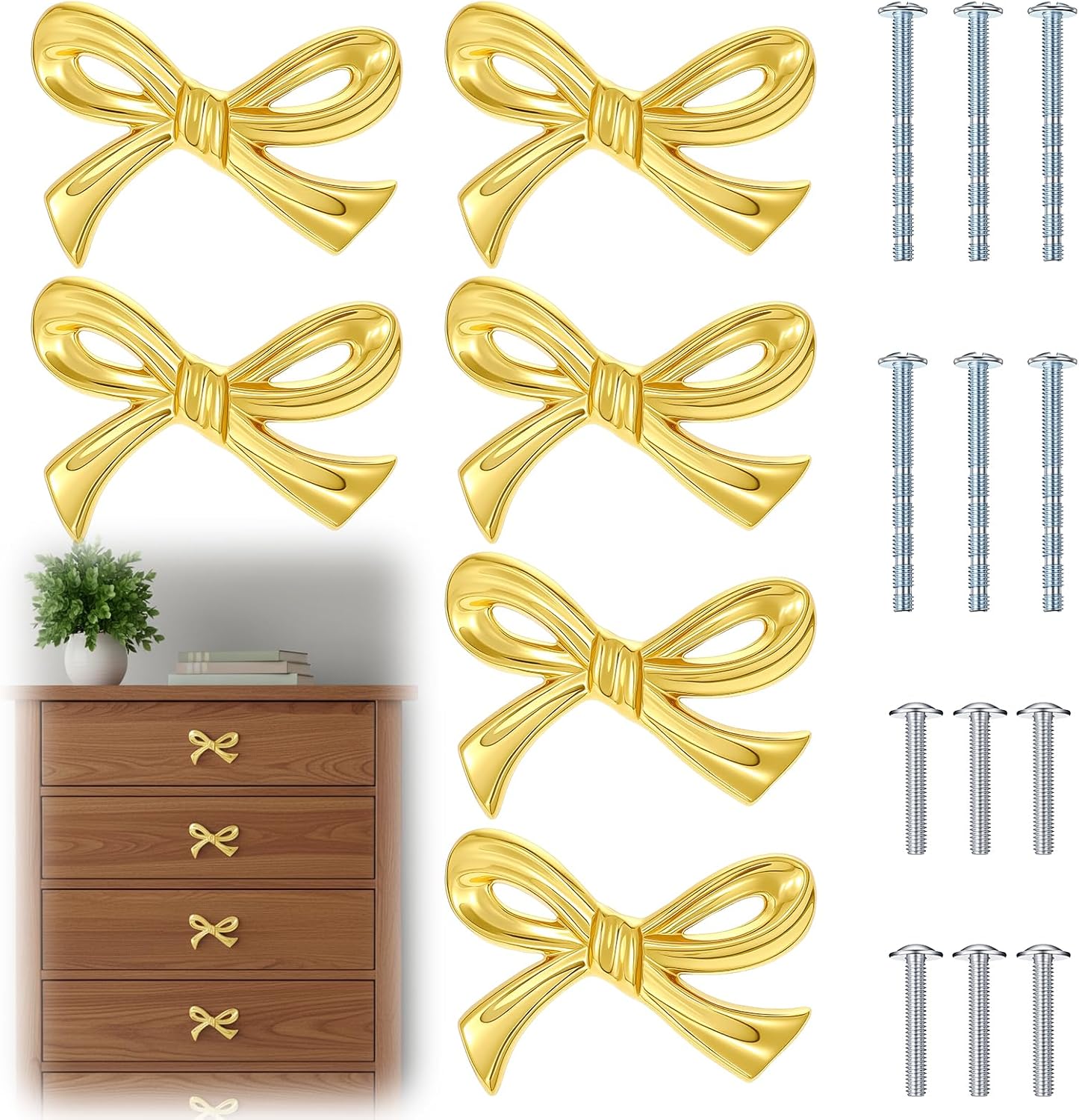 6 PCS Vintage Gold Bow Dresser Knobs Decorative Metal Drawer Pulls for Cabinets, Wardrobe, Kitchen Cupboard & Furniture Hardware