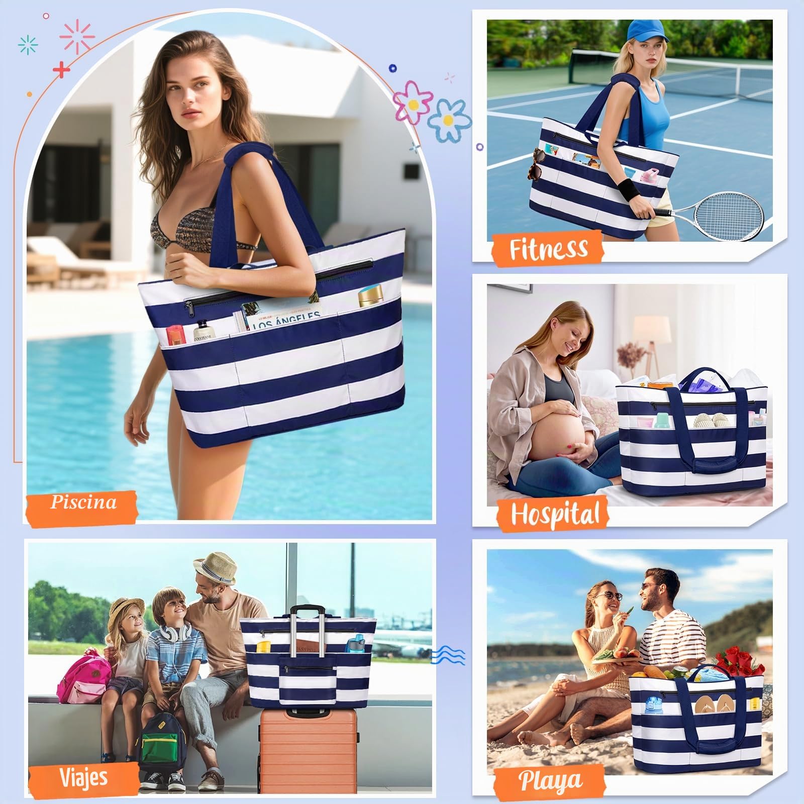 Bolsa de Playa Grande XXL con Cremallera Bolso Playa Familiar 50L Impermeable Bolso de Viaje Mujer Plegable Beach Tote Bag con 14 Bolsillos Shopper para Piscina Picnic Gimnasio (Azul Rayas)