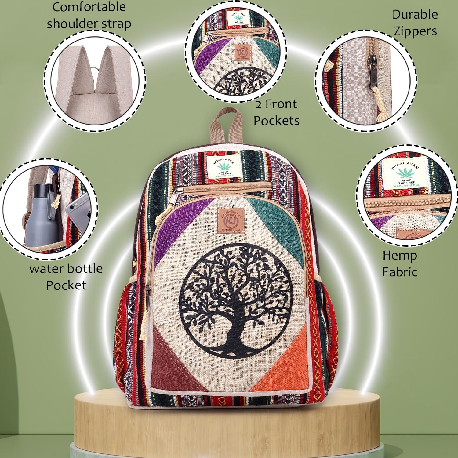 Natural Handmade Large Multi Pocket Hemp Nepal Backpack (Tree Of Life) - Image 5