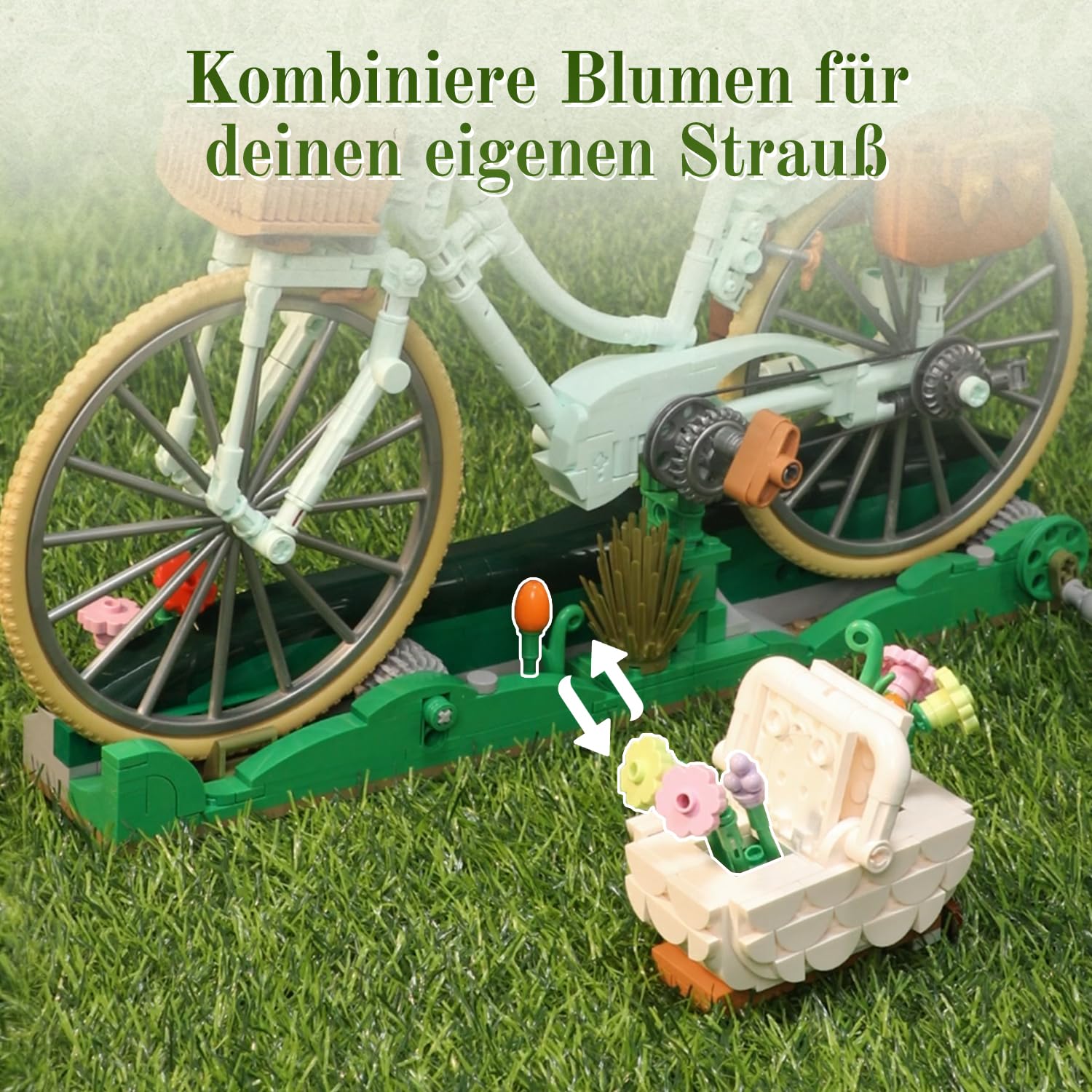 PANTASY Blumen Fahrrad Klemmbausteine Set, Vintage Deko Modell | Blumen Fahrrad Bauset für Erwachsene, Vintage Deko Modell mit Blumenkörben, Picknick Szene, Welpe, Geschenk