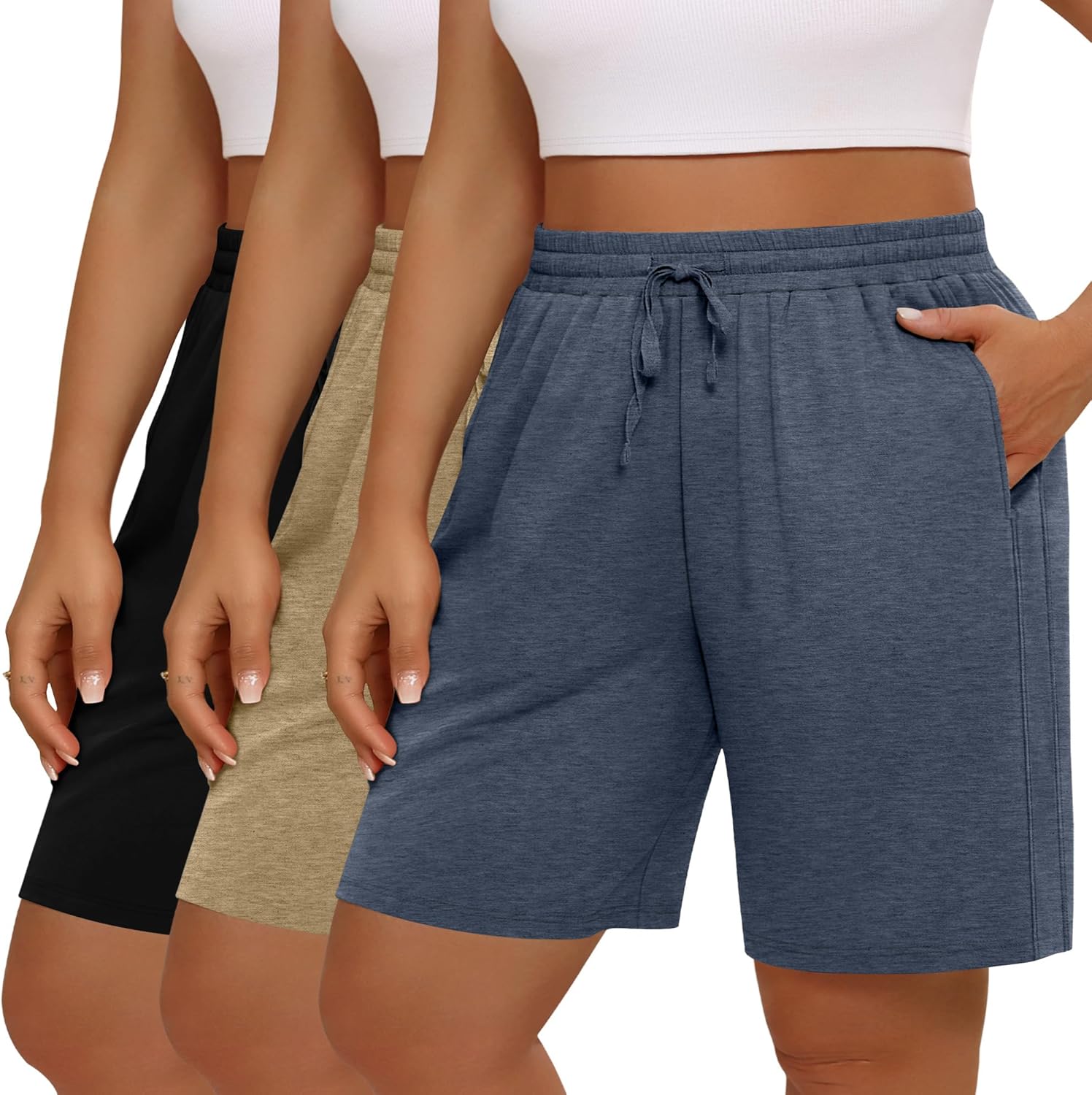 3 Pack Women's Plus Size Bermuda Shorts, Drawstring Elastic Waist Bermuda Active Summer Casual Shorts with Pockets