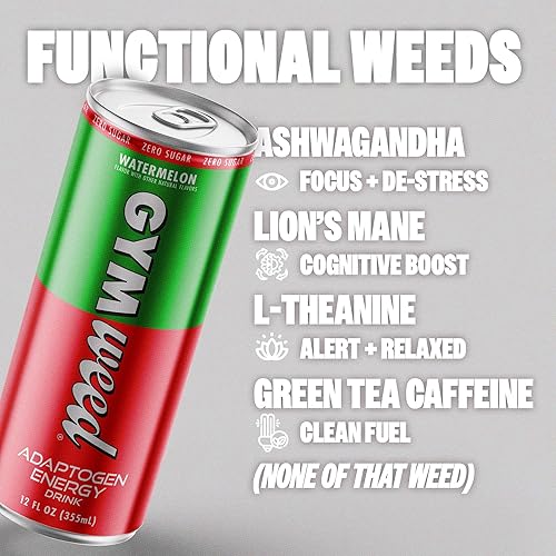 Miniatura 2 de GYM WEED Adaptogen - Bebida energética, sandía, bebida adaptogénica con cero azúcar, Ashwagandha, melena de león, cafeína y L-teanina para energía