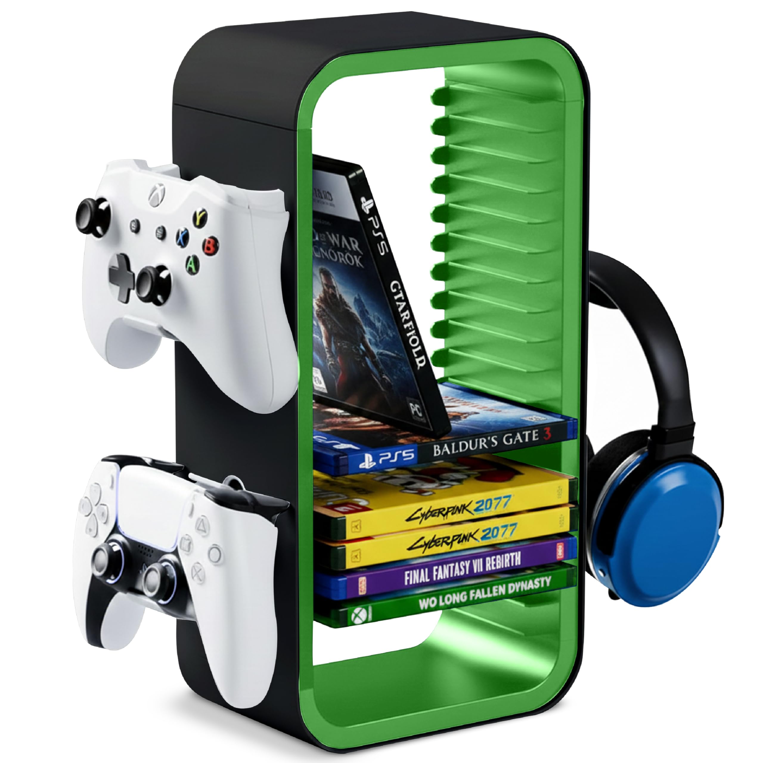 Universal Games Storage Tower Pro - Bis zu 18 Spiele - Mit Controller Halterung für bis zu 4 Gamepads - Gaming Zubehör für PS5, PS4, PS3, Xbox X/S/One, Switch, Switch OLED, Blue Ray, DVD