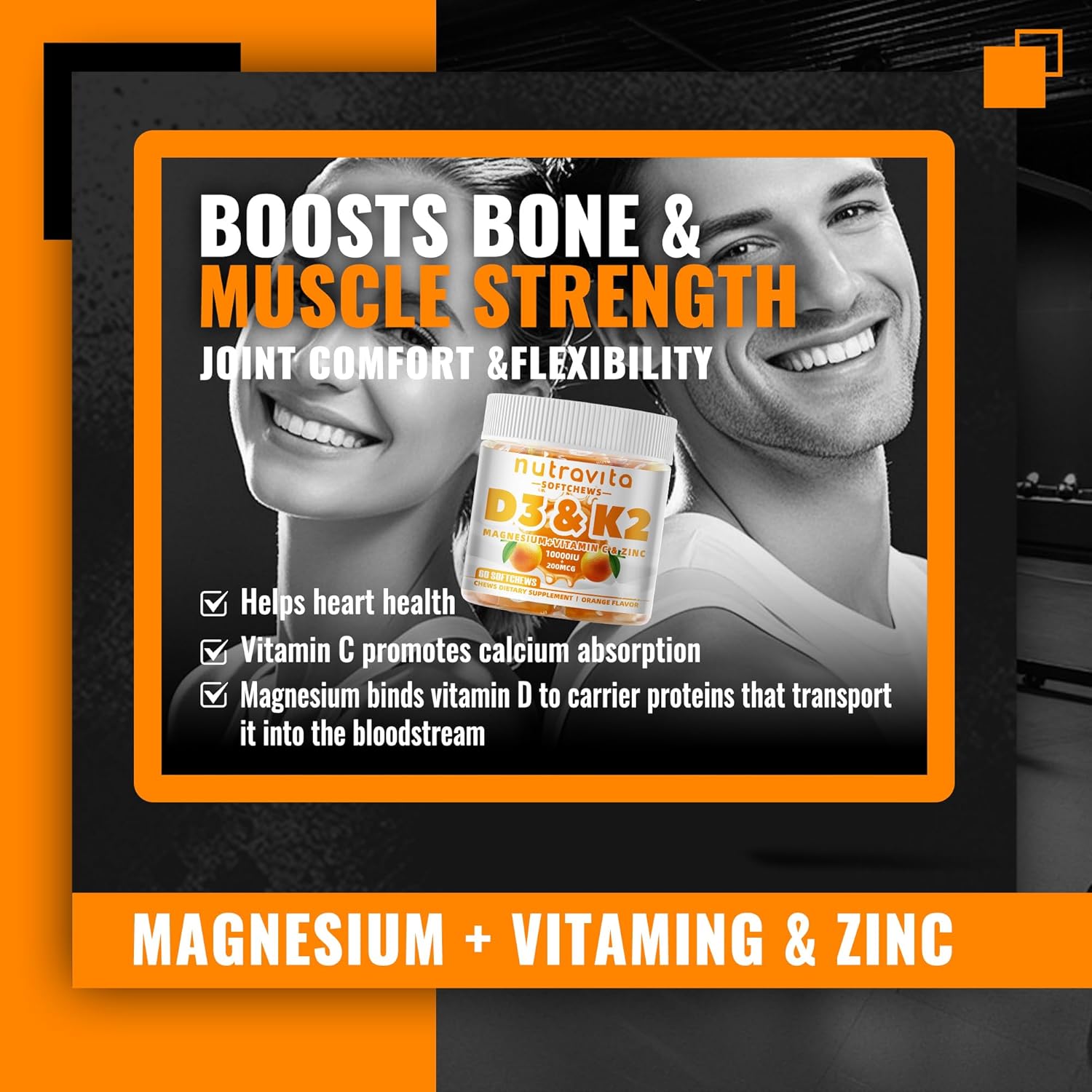 Nutravita Sugar-Free Vitamin D3 K2 Chews with Calcium + K2 (MK-7), Magnesium Citrate, Vitamin C, Extra Strength - Ultimate Absorption for Bone Muscle Teeth Immune, Vegan - 60 Count-Orange Flavor