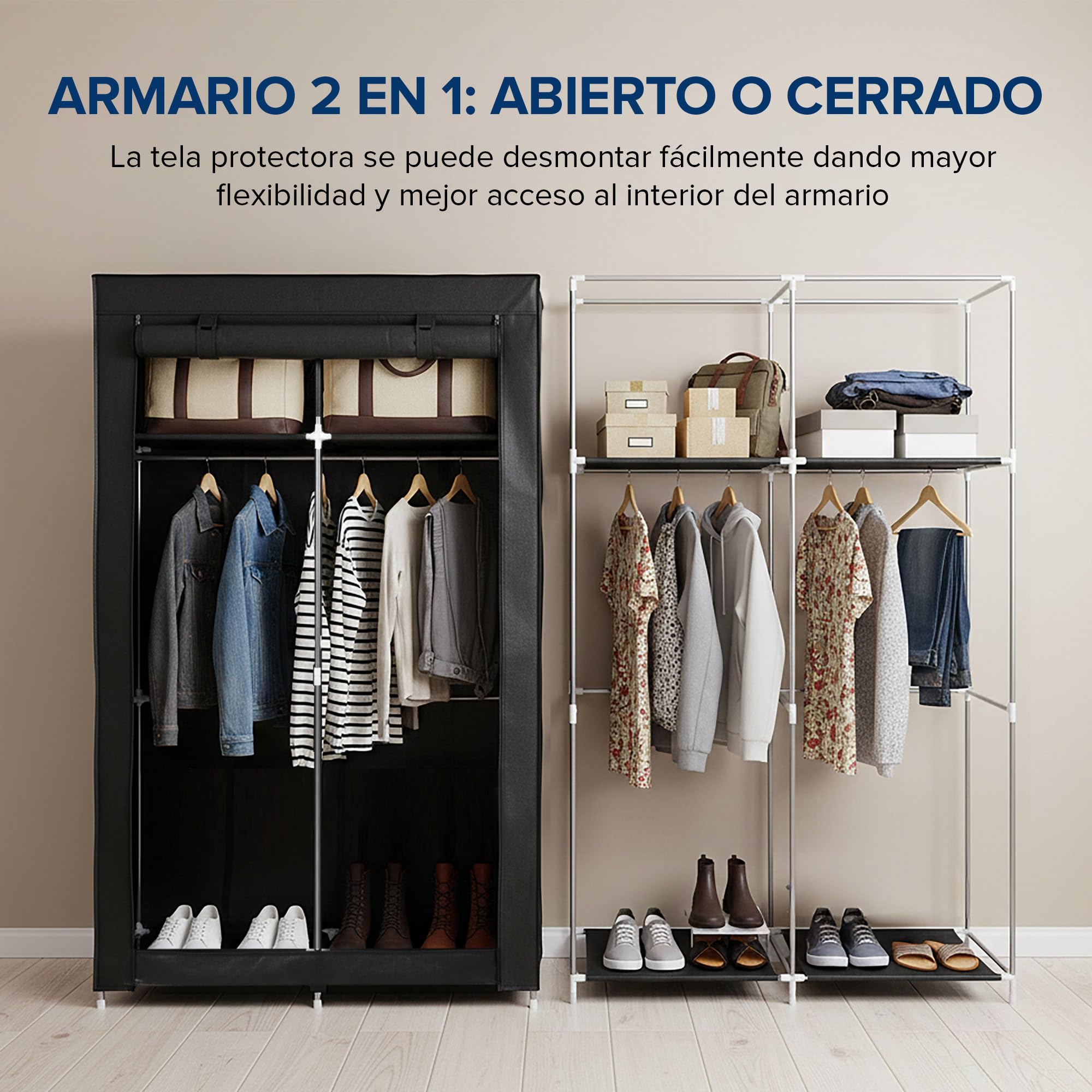 BILSOS Armario de tela105x45x165cm con 2 Barras para Colgar, 4 estantes, 3 Perchas Plegables y 3 Fundas, Armario ropero Tipo Burro Ropa Resistente - Closet Organizador — view 7