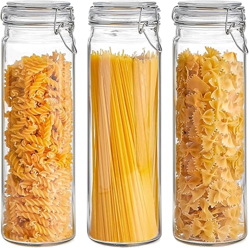 ComSaf Airtight Glass Jars Set of 3, 0.5 Gallon Food Storage Jar with Lids, Tall Spaghetti Container with Clear Preserving Seal Wire Clip Fastening,