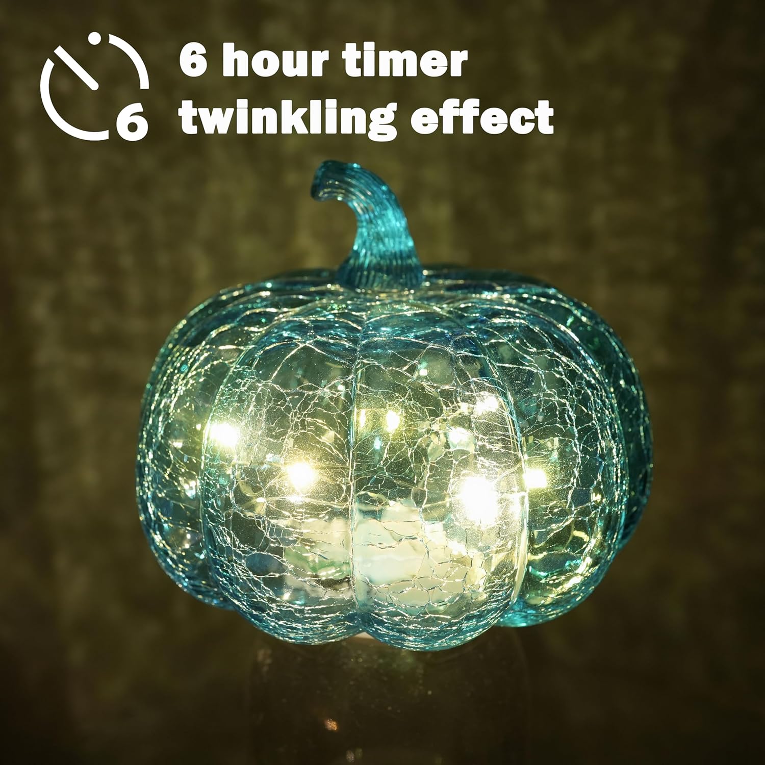 Aqua Blue Crackle Glass Pumpkin Twinkling Light with Timer- Fall Decoration for Home-Lamps for Festive Decoration-Halloween Decorations