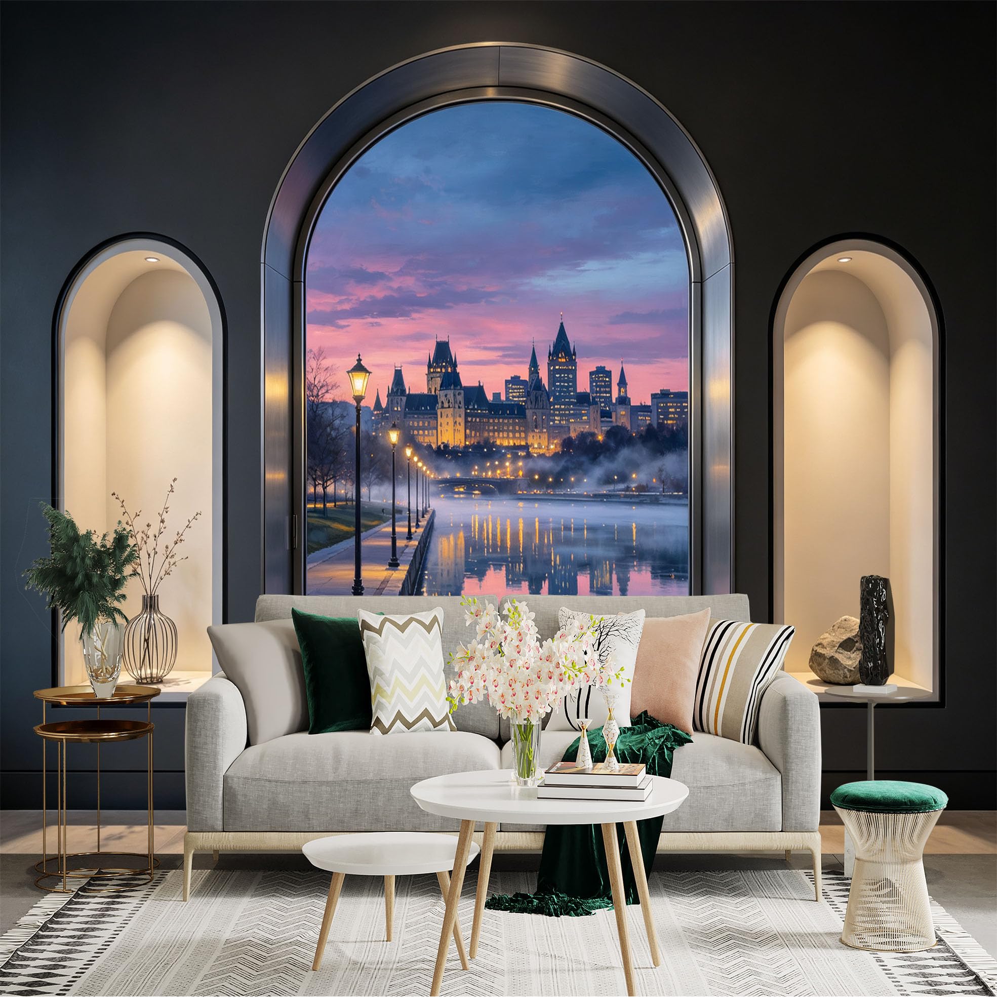 Custom Size Wall Sticker Mural， Sunset Cityscape by Riverside with Castle Skyline and Reflections， for wall Decoration， peelandstick wall Decals.