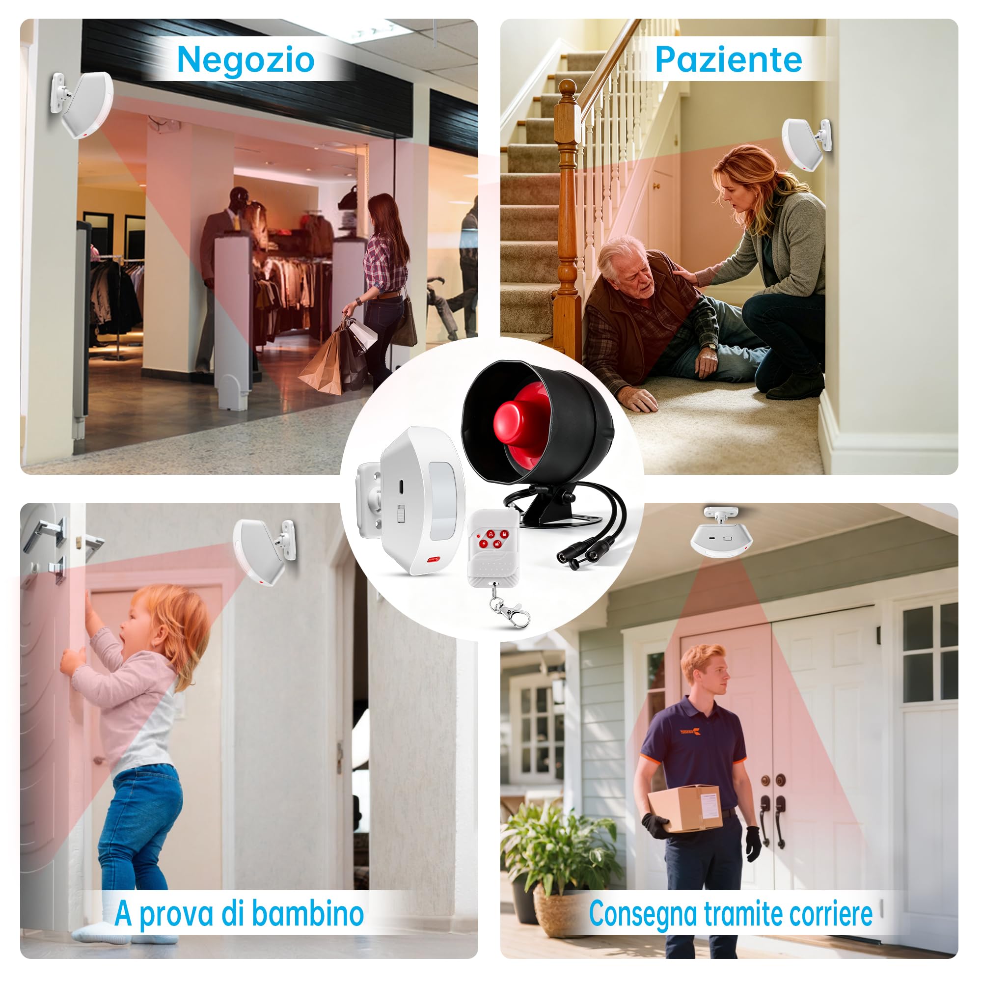 Sistema Allarme Casa WiFi Senza Fili - Kit Antifurto Casa Senza Fili per Interni ed Esterni con Sirena 120 dB, 5*Sensore di Movimento, Telecomando, Impianto Allarme per Appartamento, Garage e Negozio