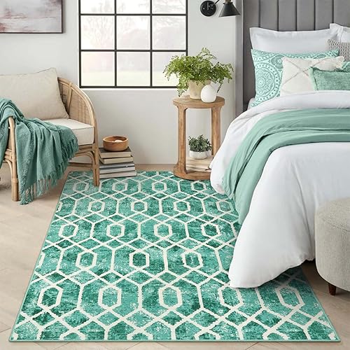 Miniatura 2 de Lahome Alfombra de área lavable para dormitorio, alfombra verde para sala de estar, alfombra de 4 x 6 pies con enrejado geométrico, contemporánea,