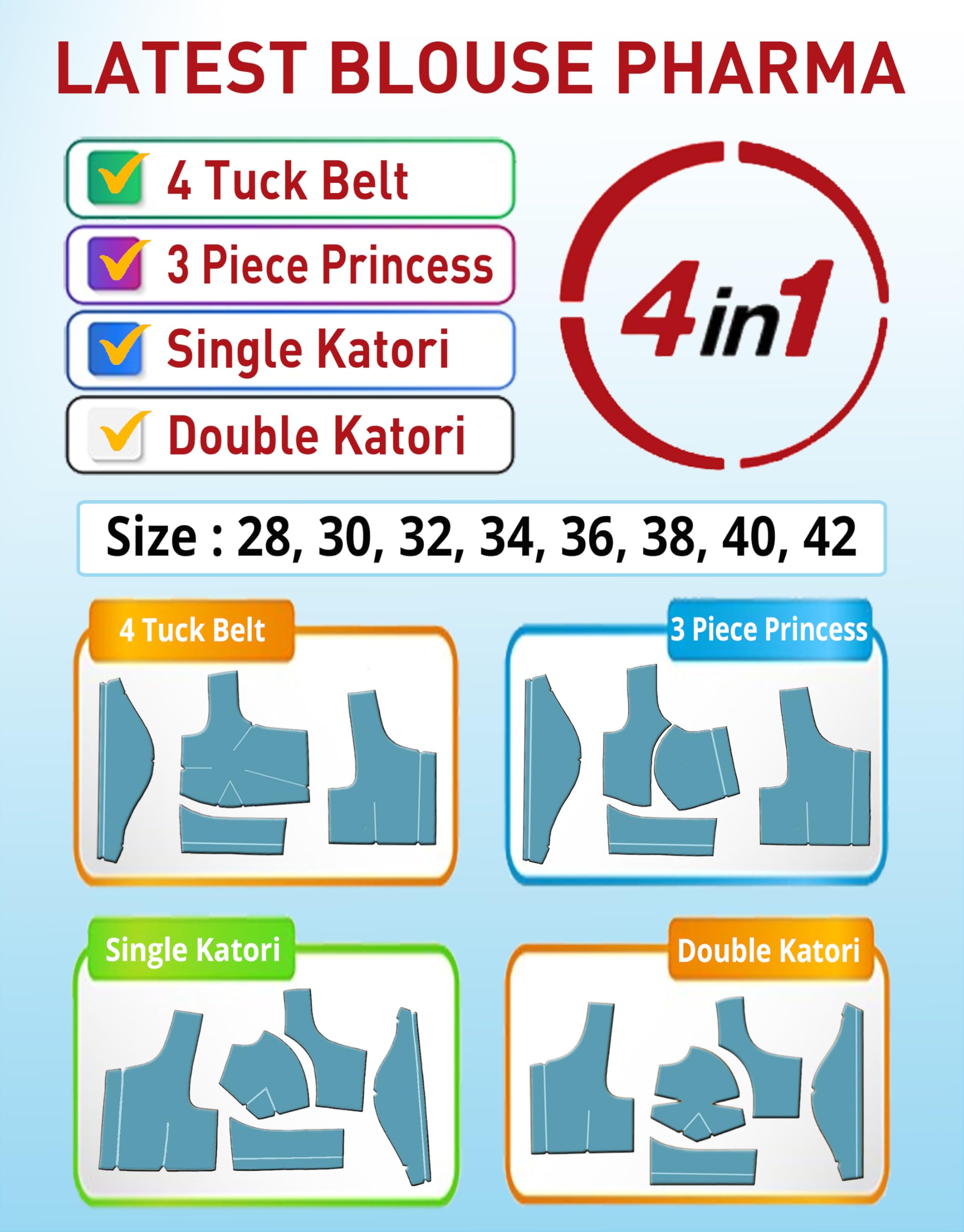 Latest Blouse Farma 4 in 1 Combo Blouse Paper Cutting Farma Set | Blouse Farma | All Size 28 to 42 | Set of 8 Sizes-image-23