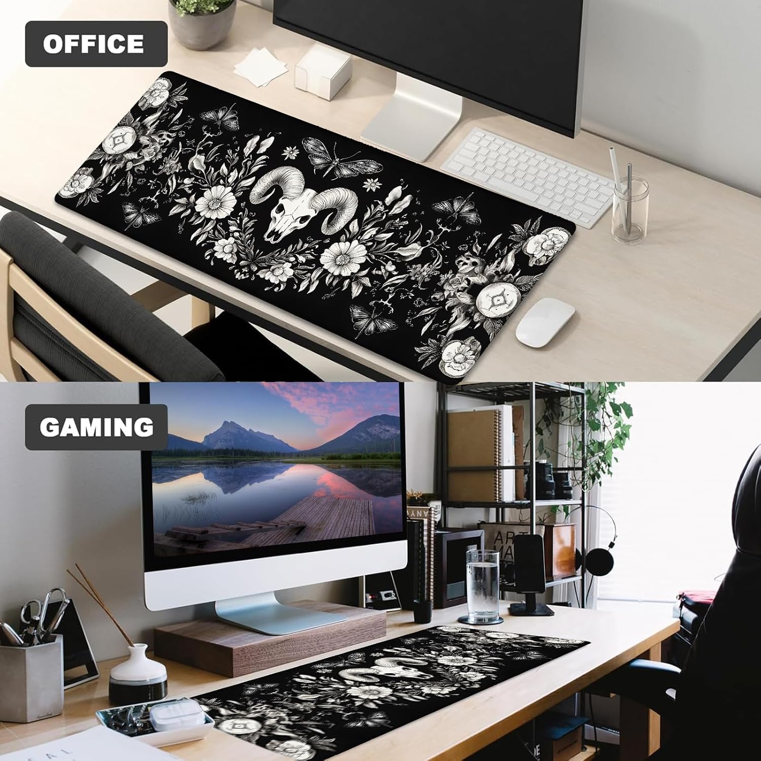 Gothic Ram Skull Gaming Mouse Pad – 12x31.5in Non-Slip Rubber Desk Mat with Dark Floral and Moth Design – Large Extended Mousepad for Office Home – Deskmat Gifts for Goth and Occult Art Decor