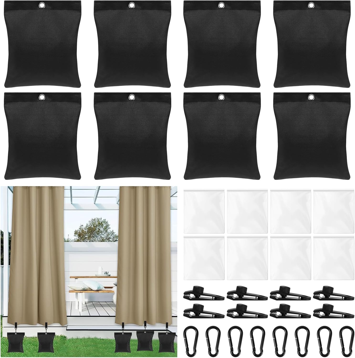 8 Pack Curtain Weights, 68oz Large Outdoor Curtain Weights Bag, Reusable Drapery Weighted Bottom Gazebo Weights Sandbags with Sealed Bags and Clips for Drapes Gazebo Pergola Patio Garden(No Sand)