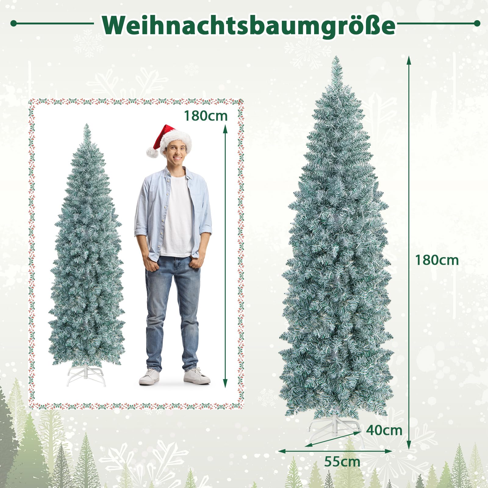 COSTWAY 180cm künstlicher Weihnachtsbaum Bleistift, LED Tannenbaum mit Beleuchtung, schlanker Christbaum mit mehrfarbigen Lichtern, Kunstbaum mit Metallständer für Weihnachten, Grün+Weiß