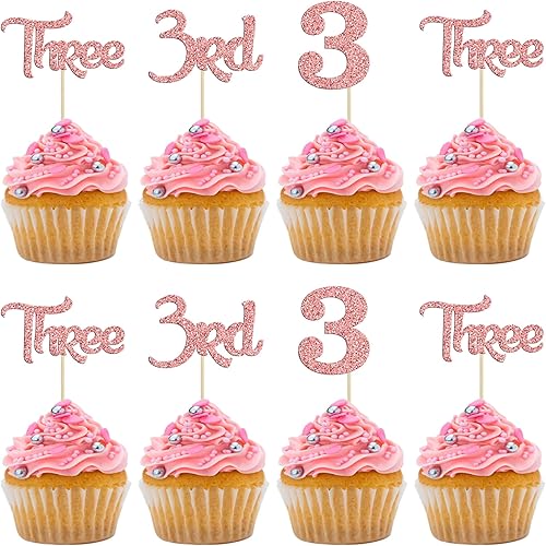 Paquete de 24 adornos para cupcakes con purpurina para tercer cumpleaños para baby shower, fiesta de tercer cumpleaños, suministros de decoración de
