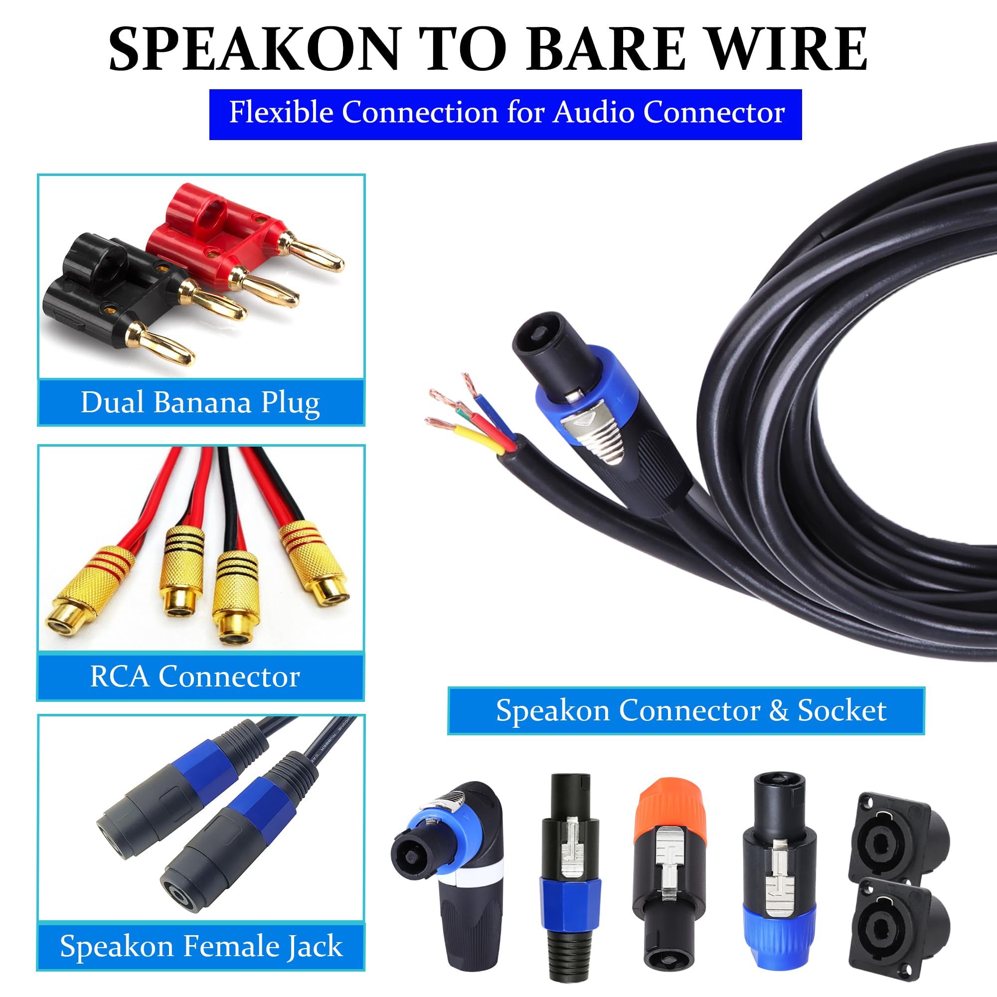 Cavo Speakon a 4 conduttori a filo nudo, calibro 12, cavi SpeakON a estremità aperta, spina maschio Twist Lock NL4FC con presa per montaggio a pannello NL4MP per audio domestico, PA, DJ, palco, 1