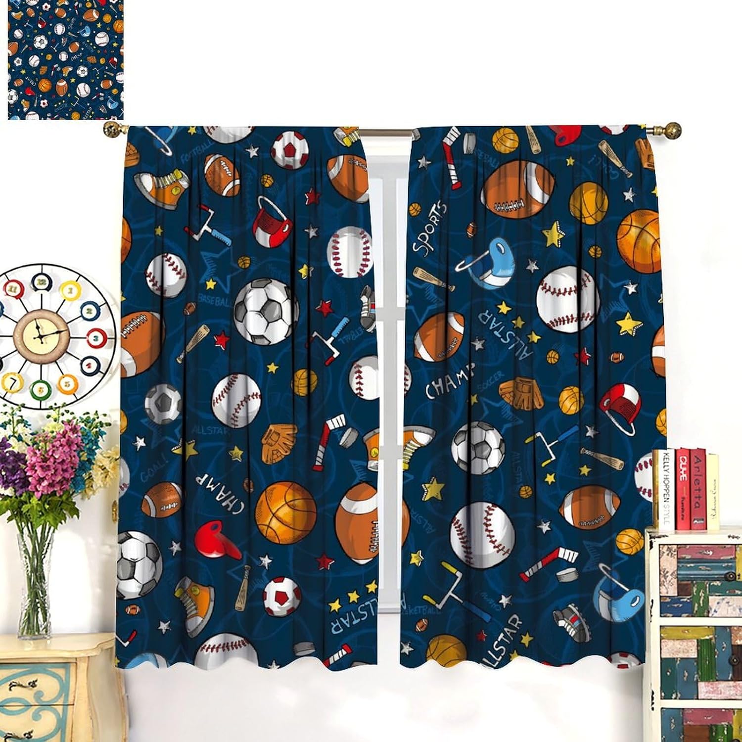 Sports Ball Kids Curtain, American Football and Basketball Blackout Curtains, Teens Basketball Blue Theme Window Treatments Drapes for Boys Girl Bedroom Kid Room Nursery Decor 42" W x 45" L