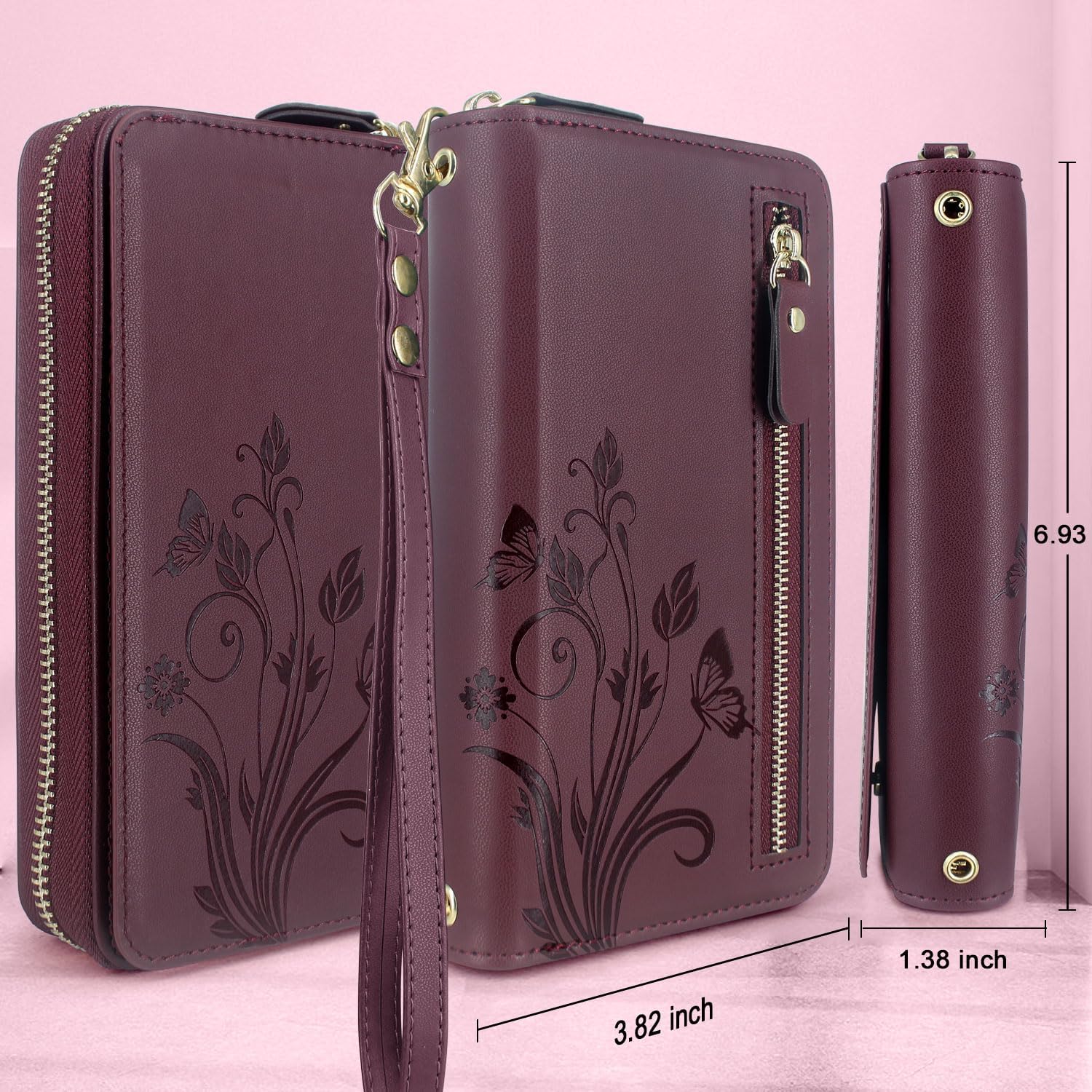 Lacass for iPhone 16 6.1 Inch 2024 Wallet Case, Crossbody Dual Zipper Detachable Magnetic Leather Wallet Case Cover Wristlets Wrist Strap 13 Card Slots Money Pocket(Floral Wine Red) - Image 4