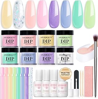 AZUREBEAUTY 30Pcs Dip Powder Nail Kit Starter, Pink Pastel Blue Green Glitter 8 Colors Summer Macarons Dipping Powder Liquid Set with Base/ Matte Top Coat/ Activator/Nail Sticks Easter Gift