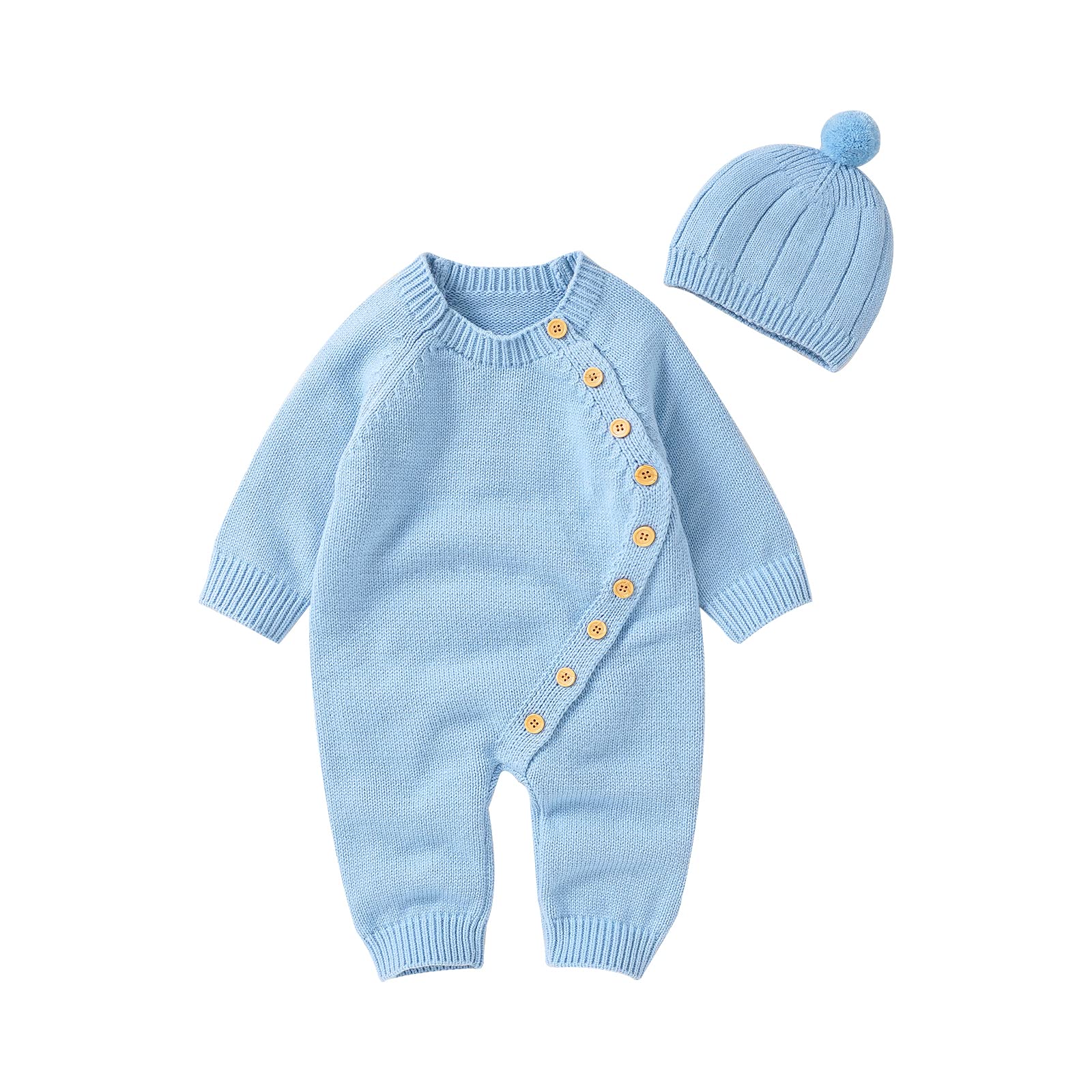 Ursobutegl Newborn Baby Knitted Sweater Romper Longsleeve Sweater Outfit with Warm Hat Set (Blue, 3-6 Months)