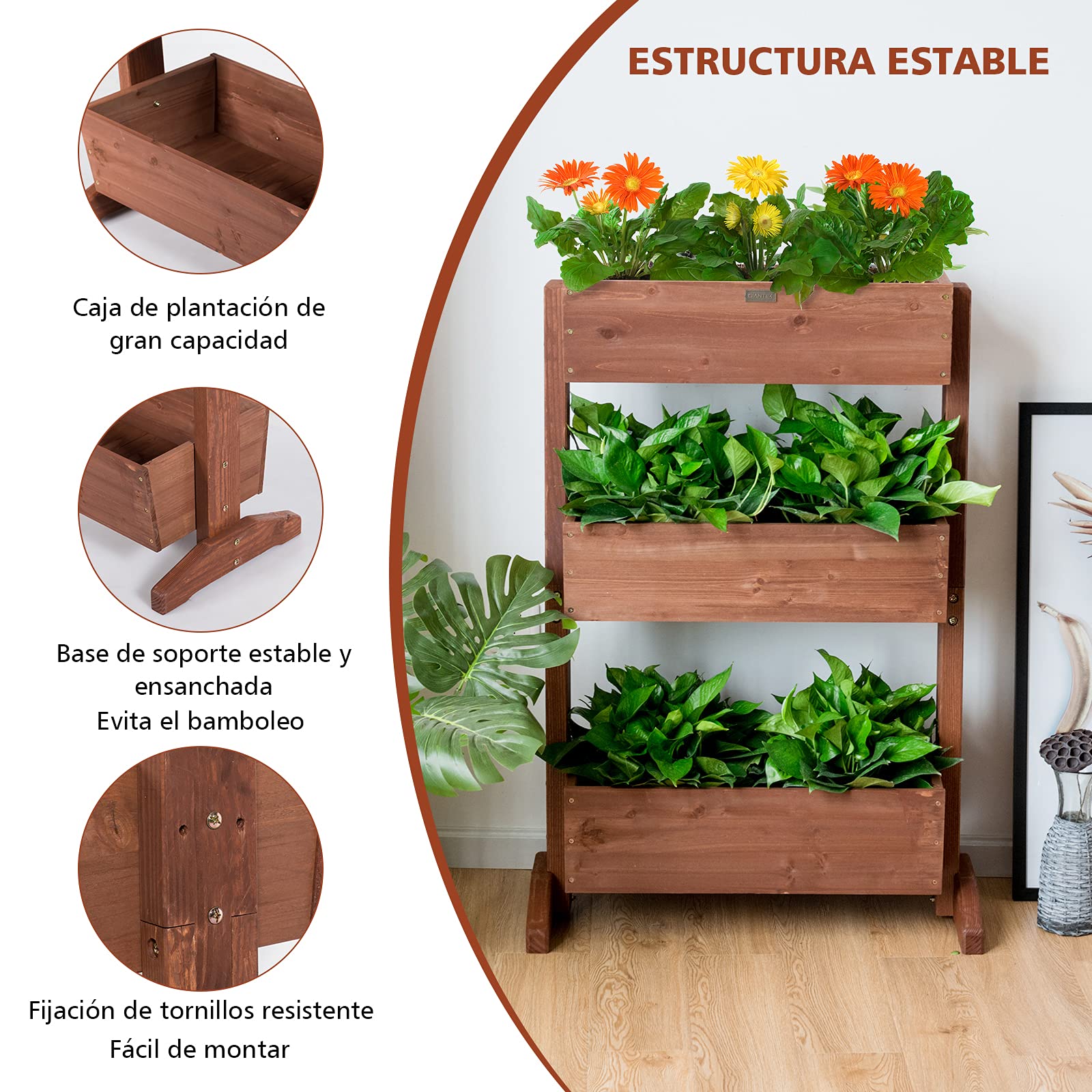 COSTWAY Soporte para Plantas de 3 Niveles Cama Elevada Estante para Macetas Flores Estantería Multiuso para Jardín Balcón Decorativas 73x38x106cm
