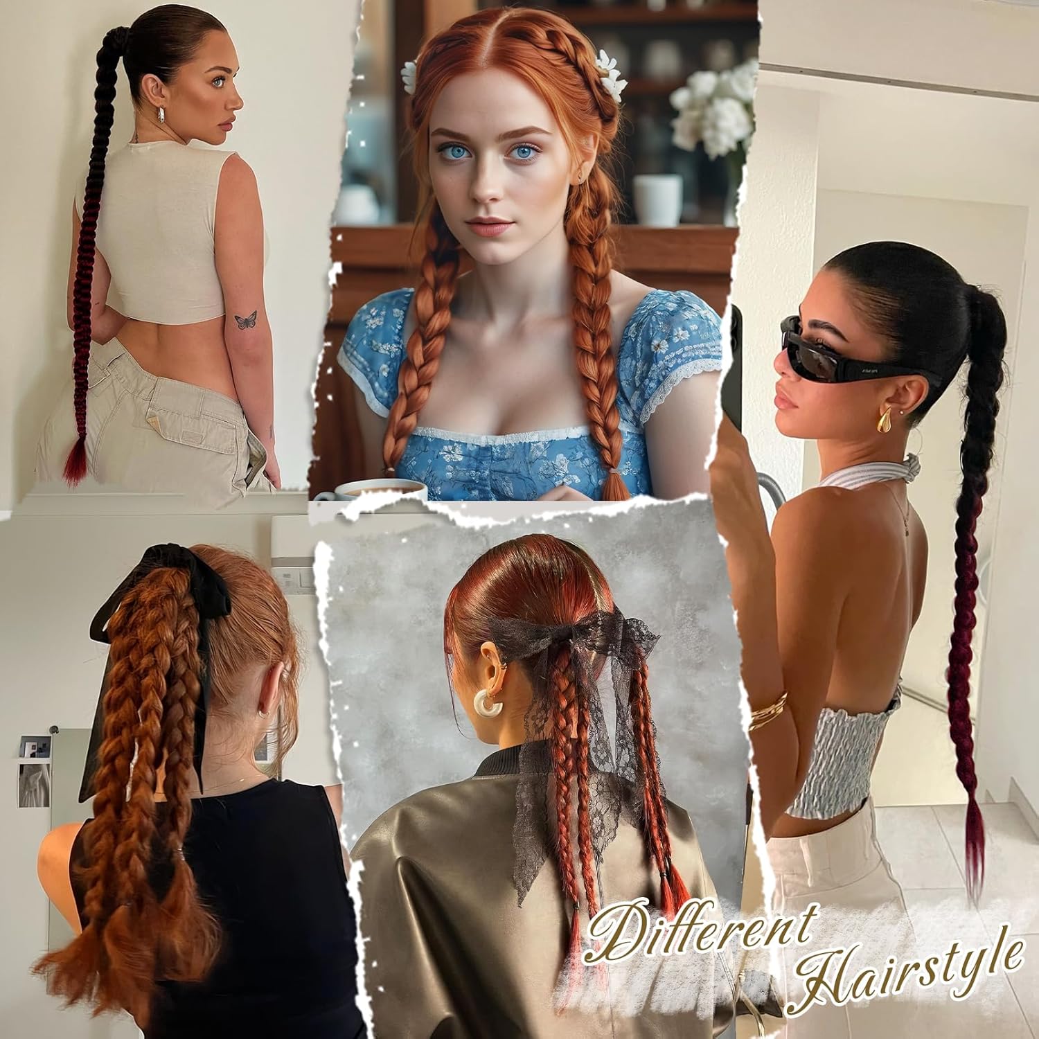 BARSDAR 2PCs 30 Inch Long Braided Ponytail Extension - Sleek Wrap Around Copper Red Braid Ponytail Hair Extensions with Hair Tie - Synthetic Pony Tails Hairpieces for Women - Copper Red