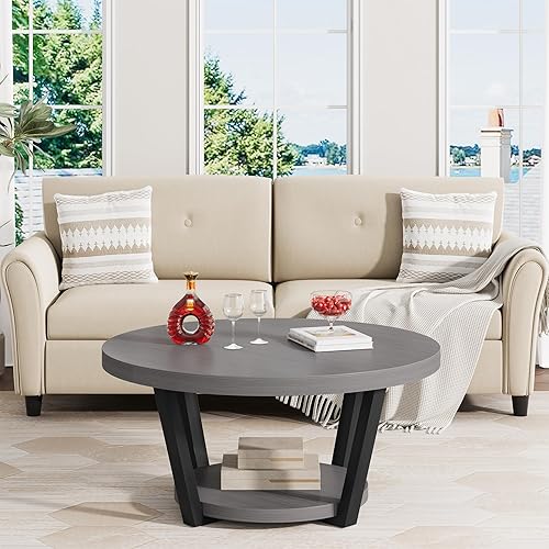 Miniatura 5 de Mesa de centro redonda con estante de almacenamiento, mesa central de madera de 2 niveles, muebles industriales modernos de sala de estar, gris