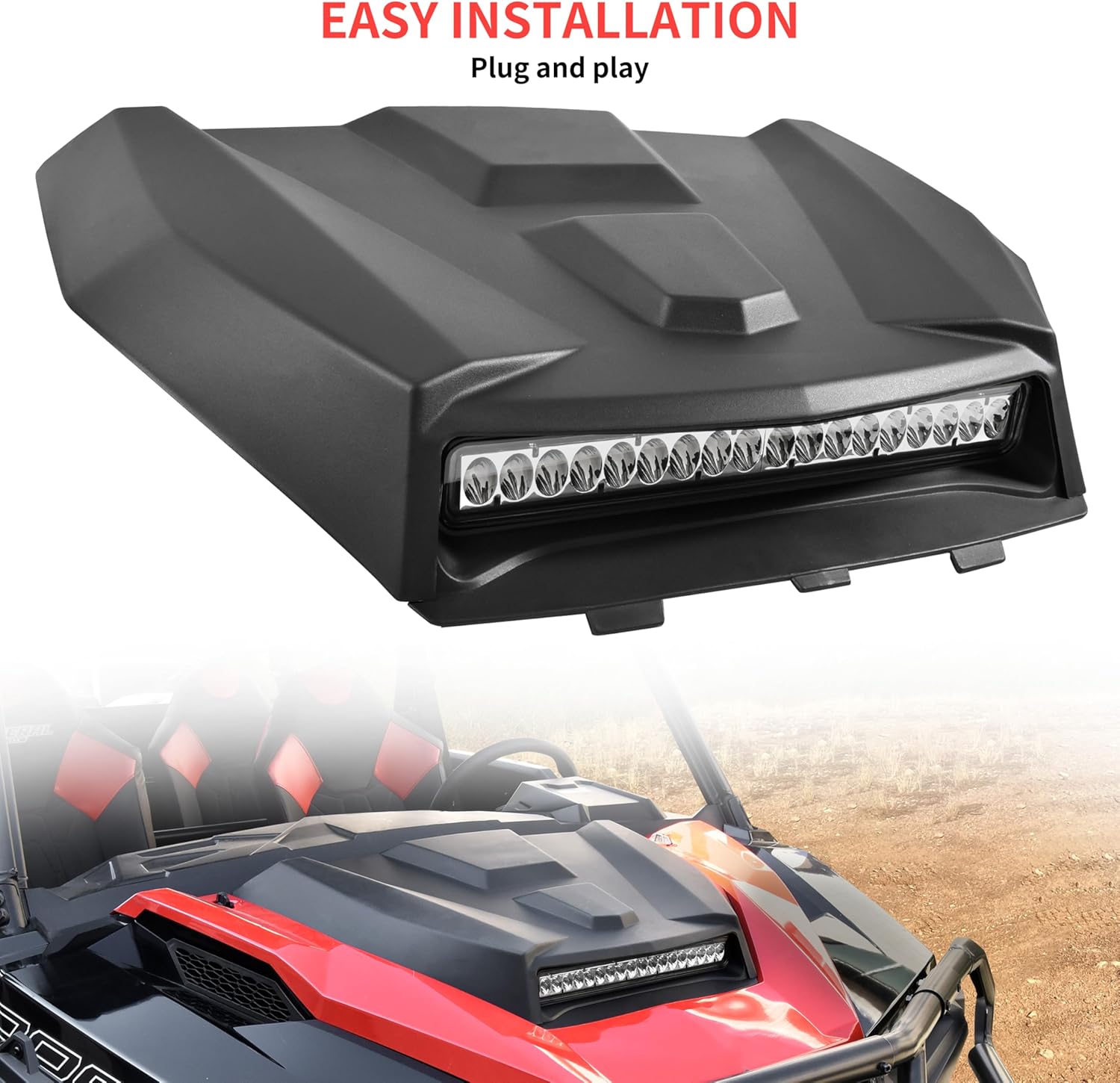 Sport Hood Scoop with LED Spotlight for Polaris General 1000 16-18, Hood Scoop with LED Auxiliary Light Front Hood Cover with Lamp for Polaris General 1000/4 1000 EPS 2016-2018 Accessories